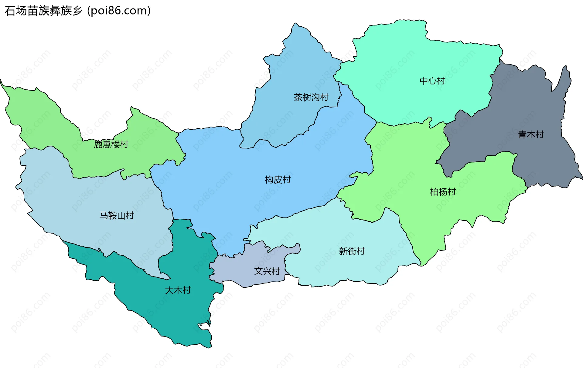 石场苗族彝族乡边界地图(五级行政区划)