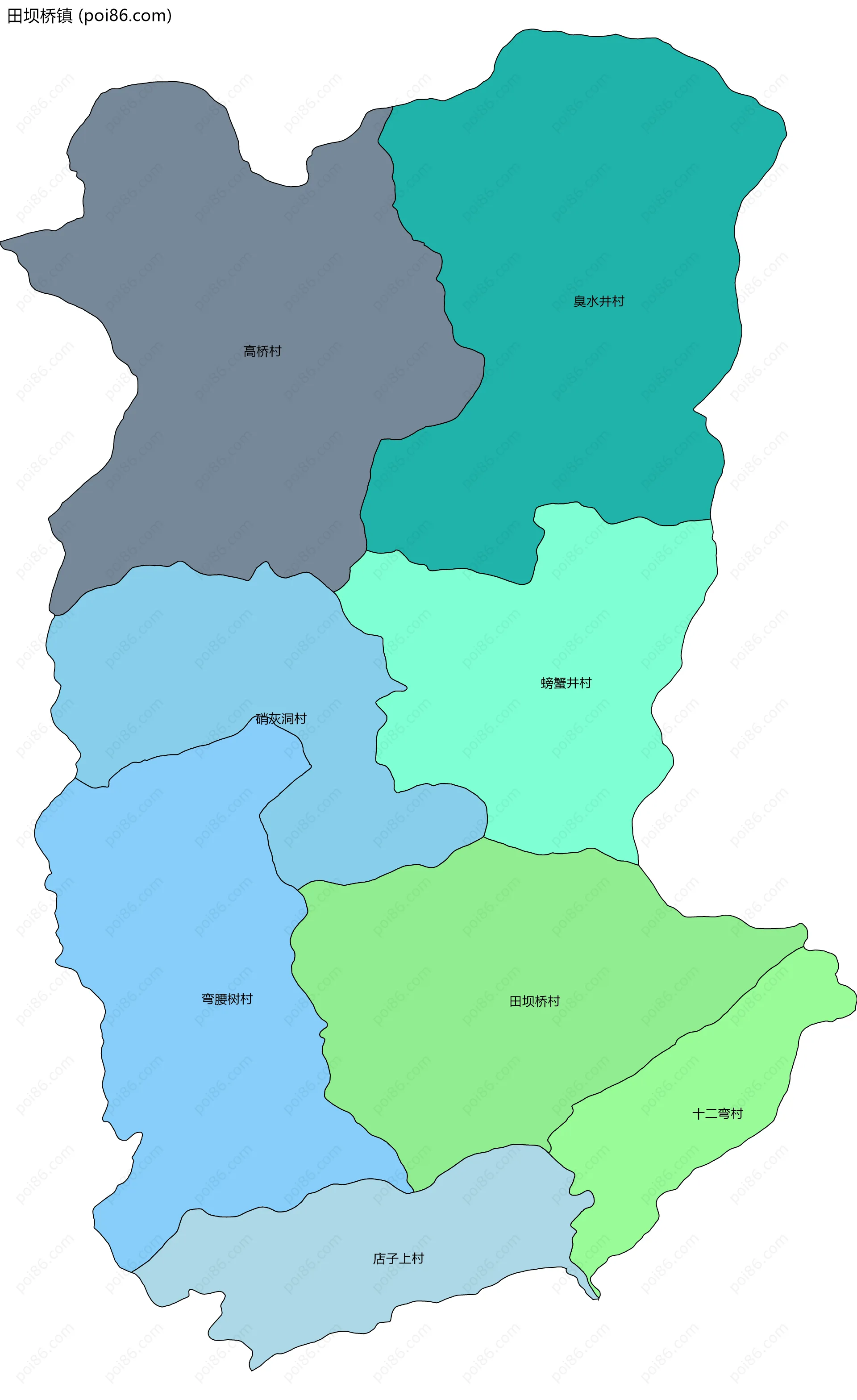 田坝桥镇边界地图(五级行政区划)