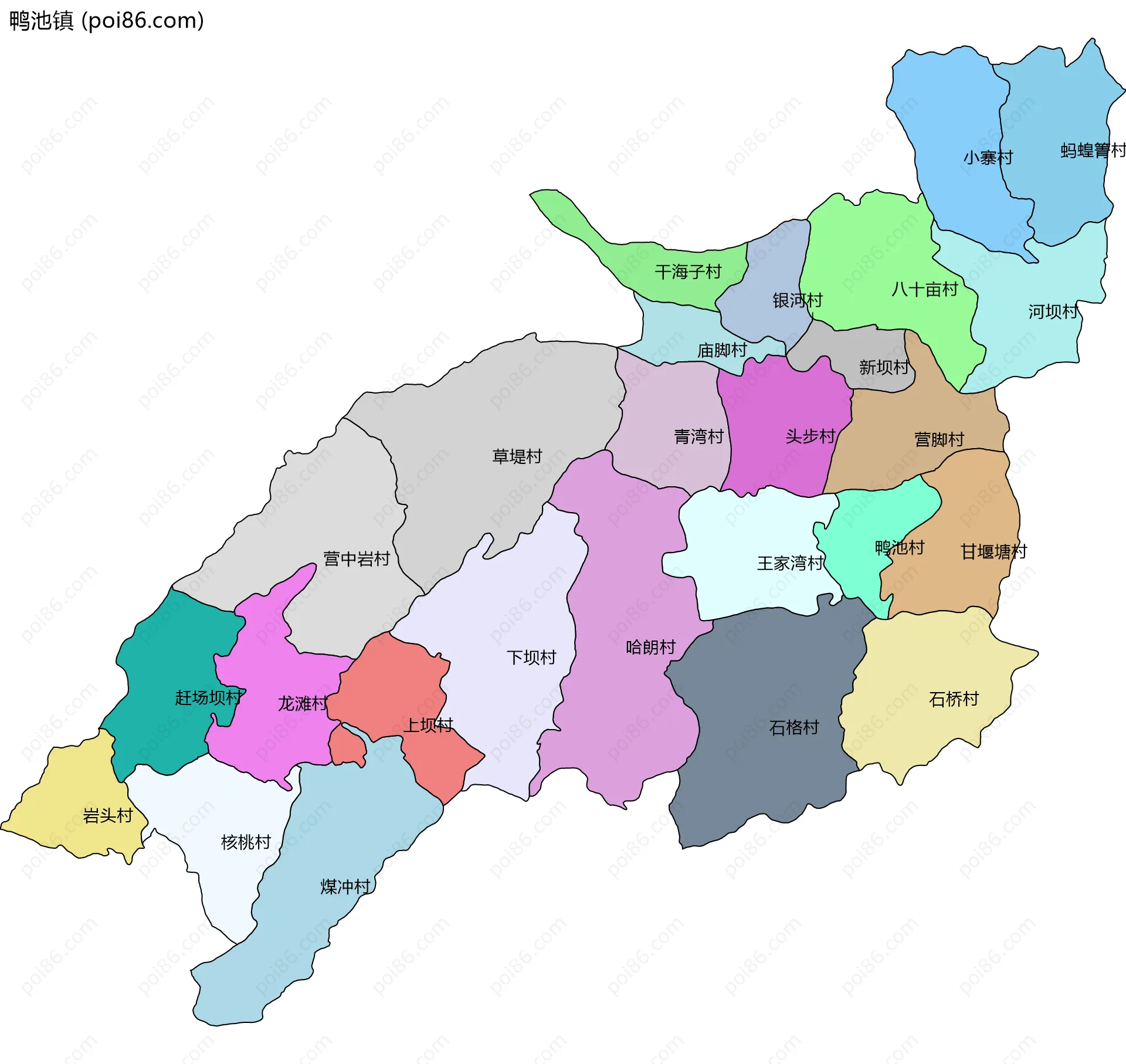 鸭池镇边界地图(五级行政区划)