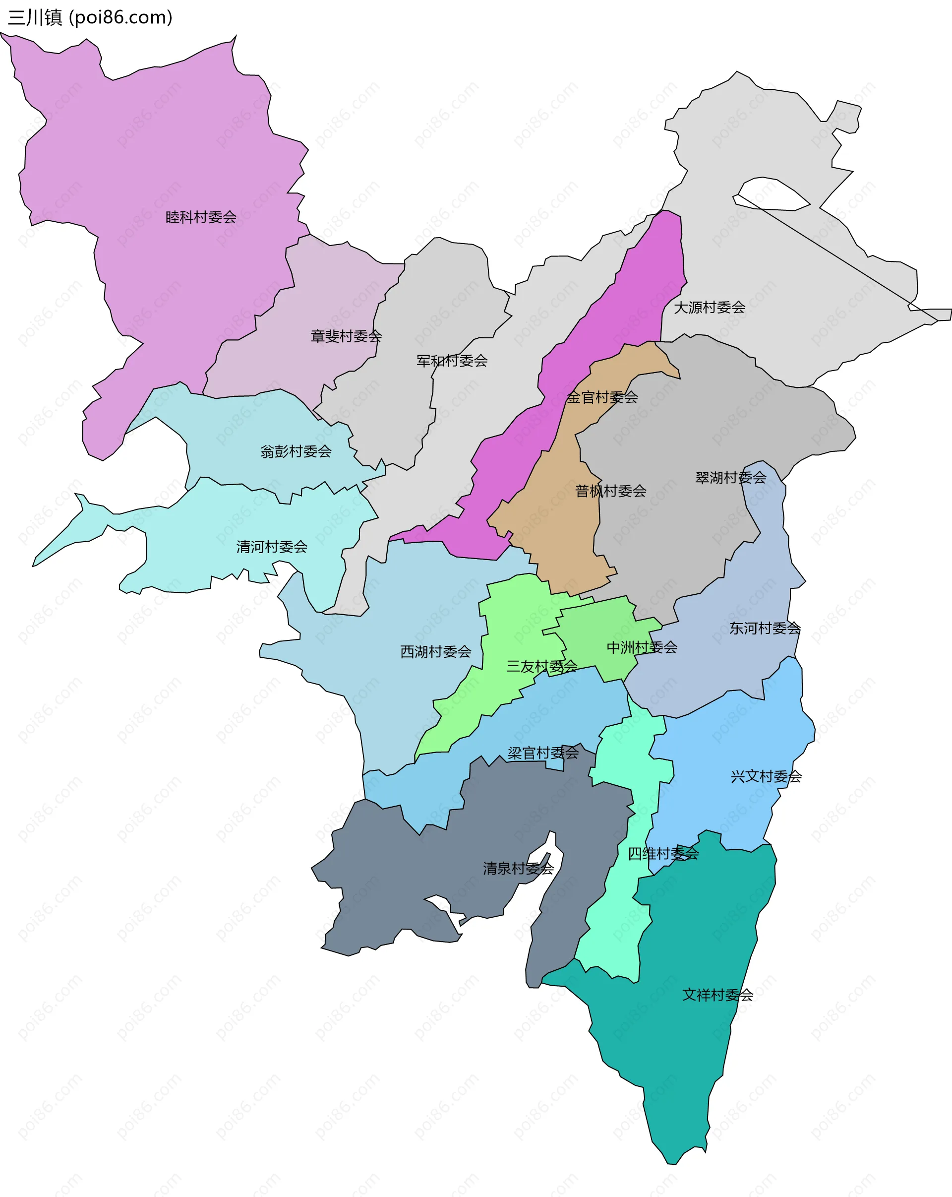 三川镇边界地图(五级行政区划)