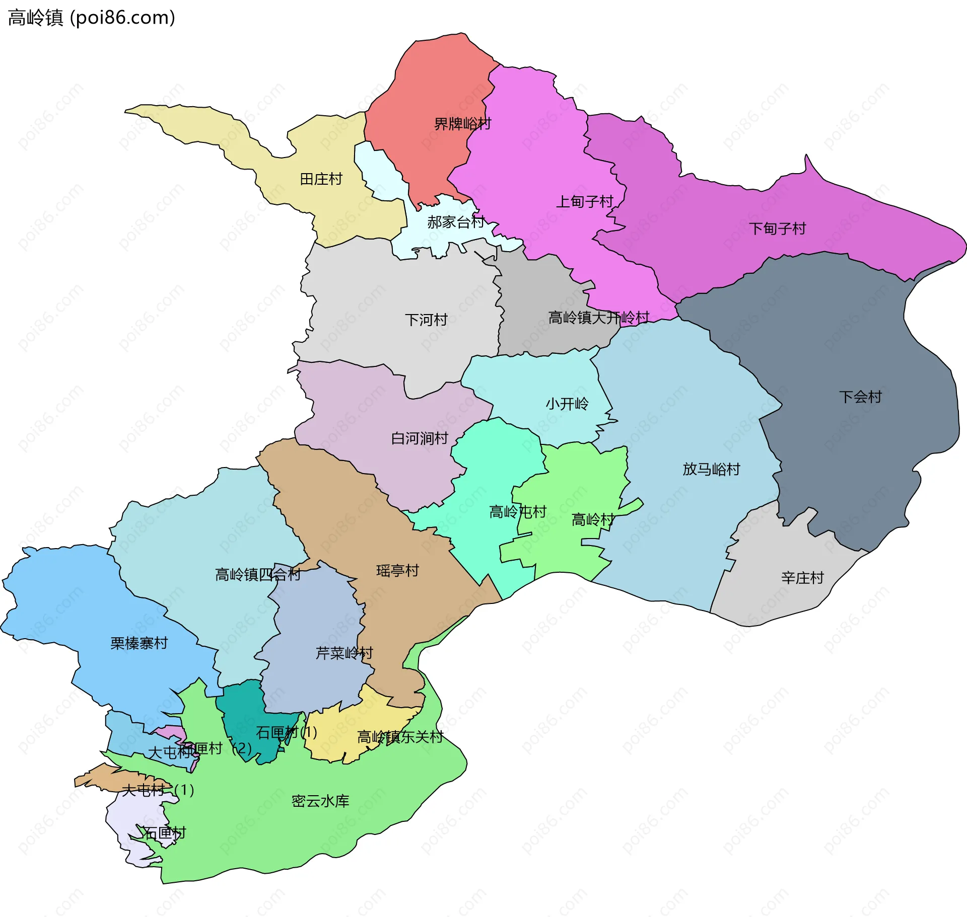 高岭镇边界地图(五级行政区划)