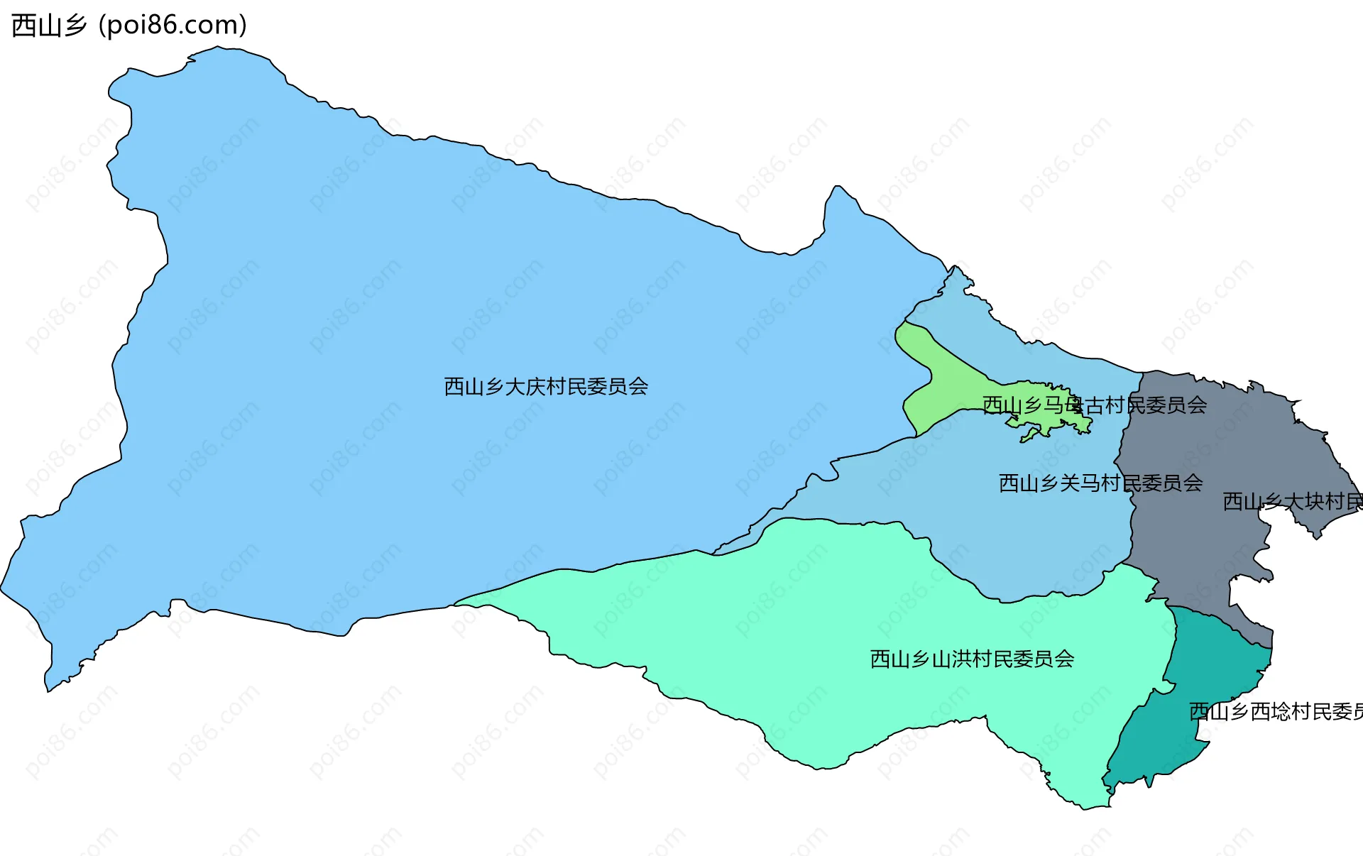 西山乡边界地图(五级行政区划)