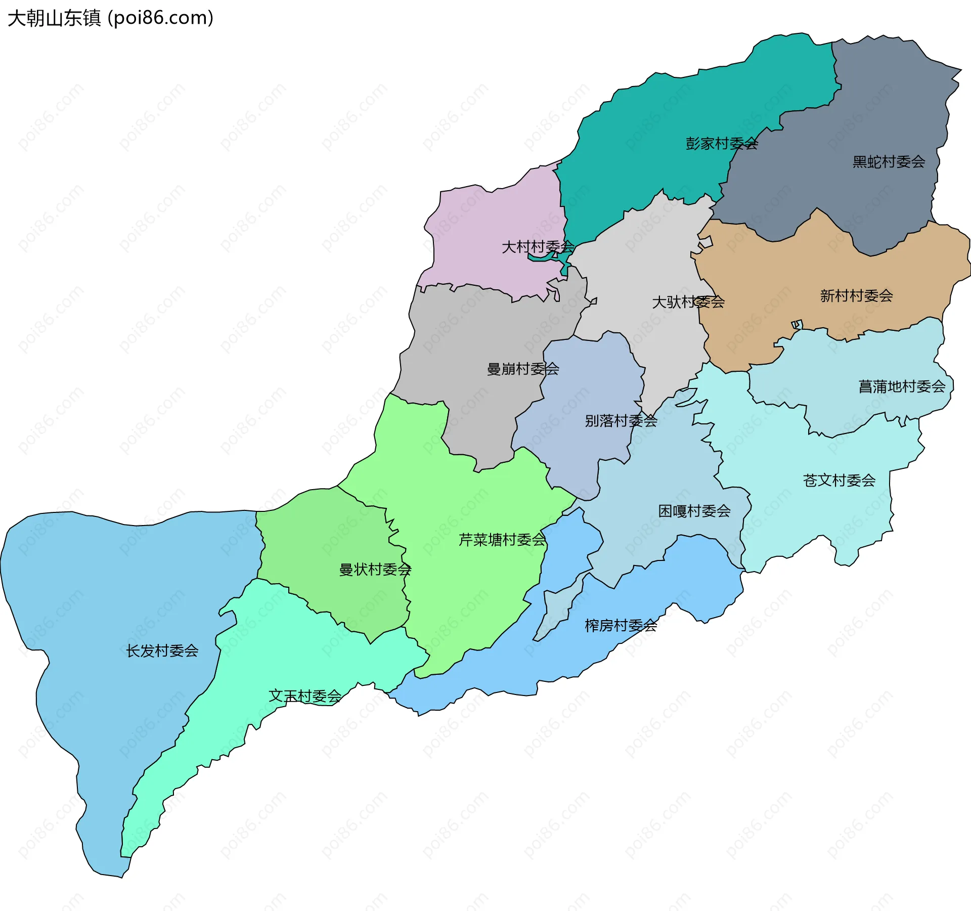 大朝山东镇边界地图(五级行政区划)