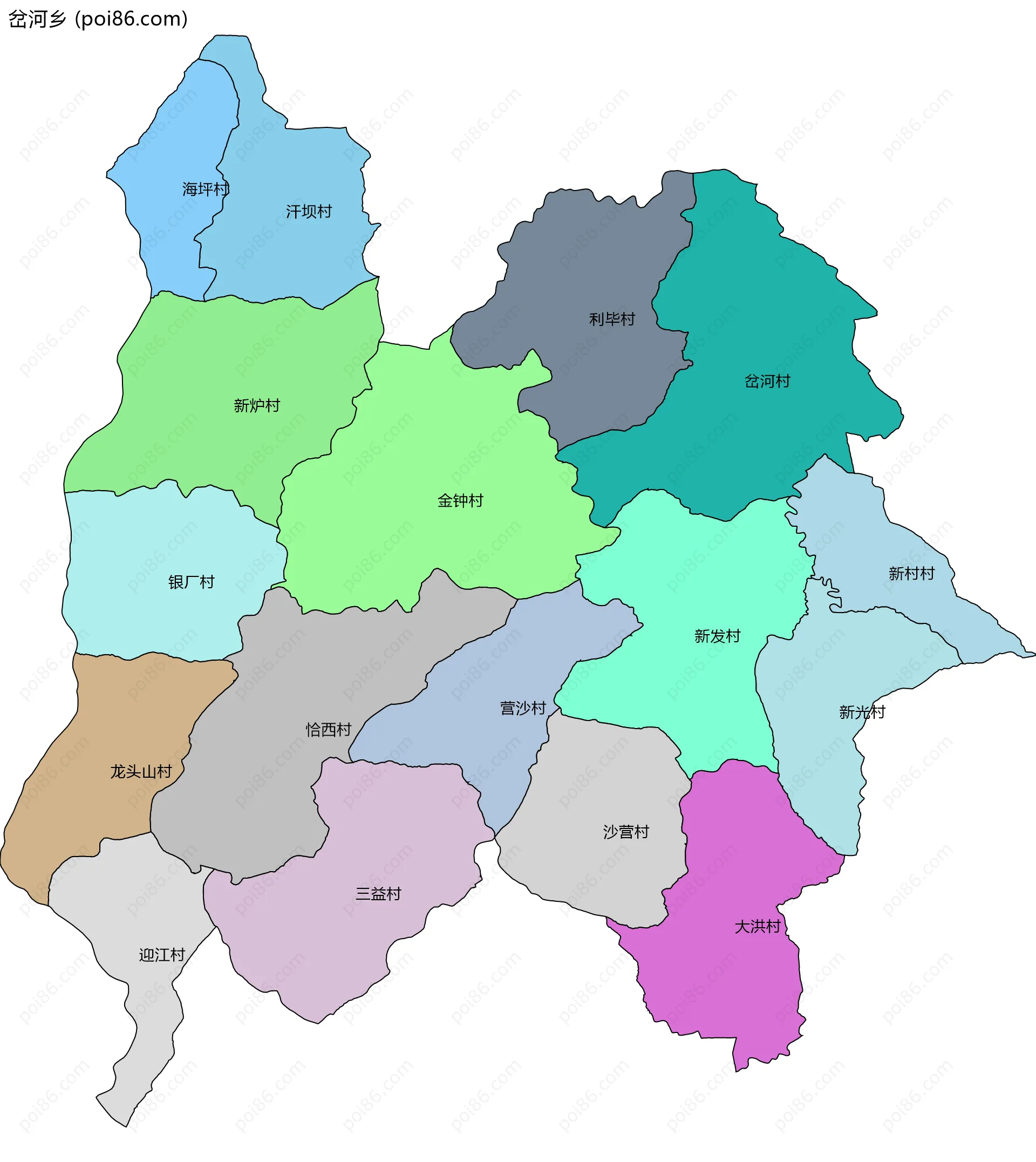岔河乡边界地图(五级行政区划)
