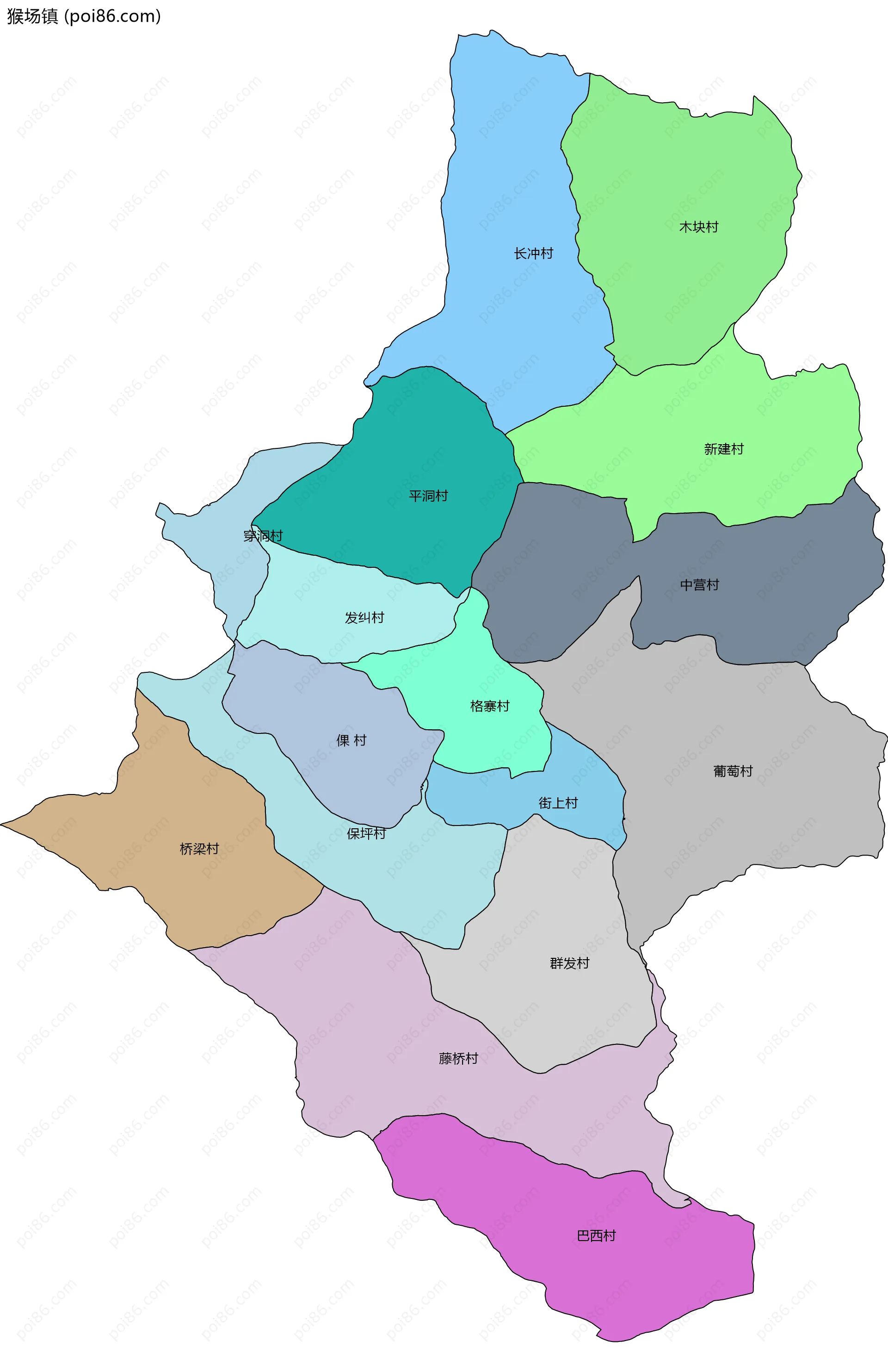 猴场镇边界地图(五级行政区划)