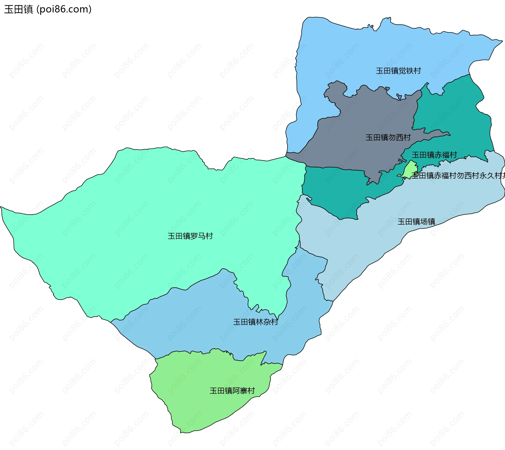玉田镇边界地图(五级行政区划)