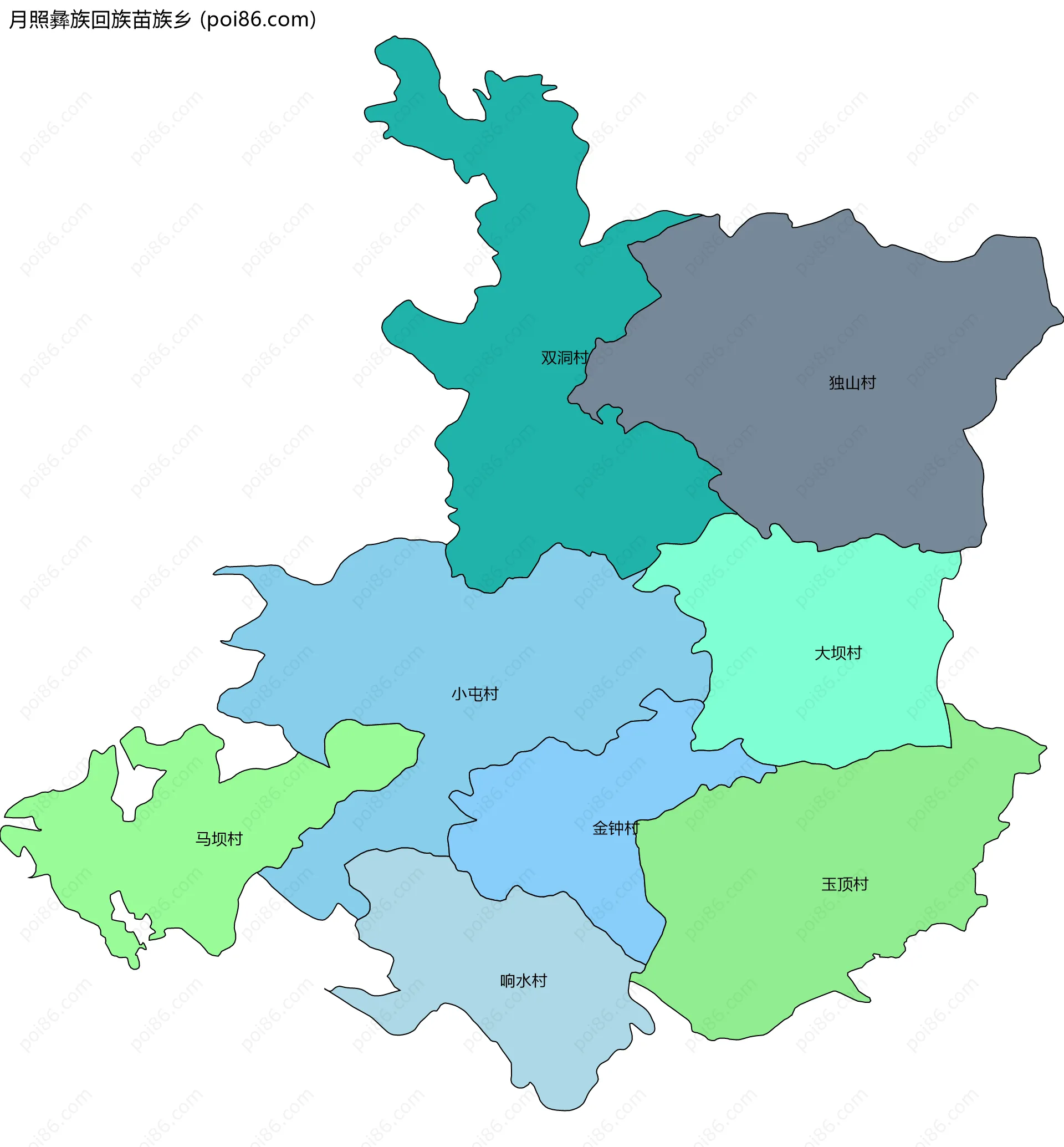 月照彝族回族苗族乡边界地图(五级行政区划)