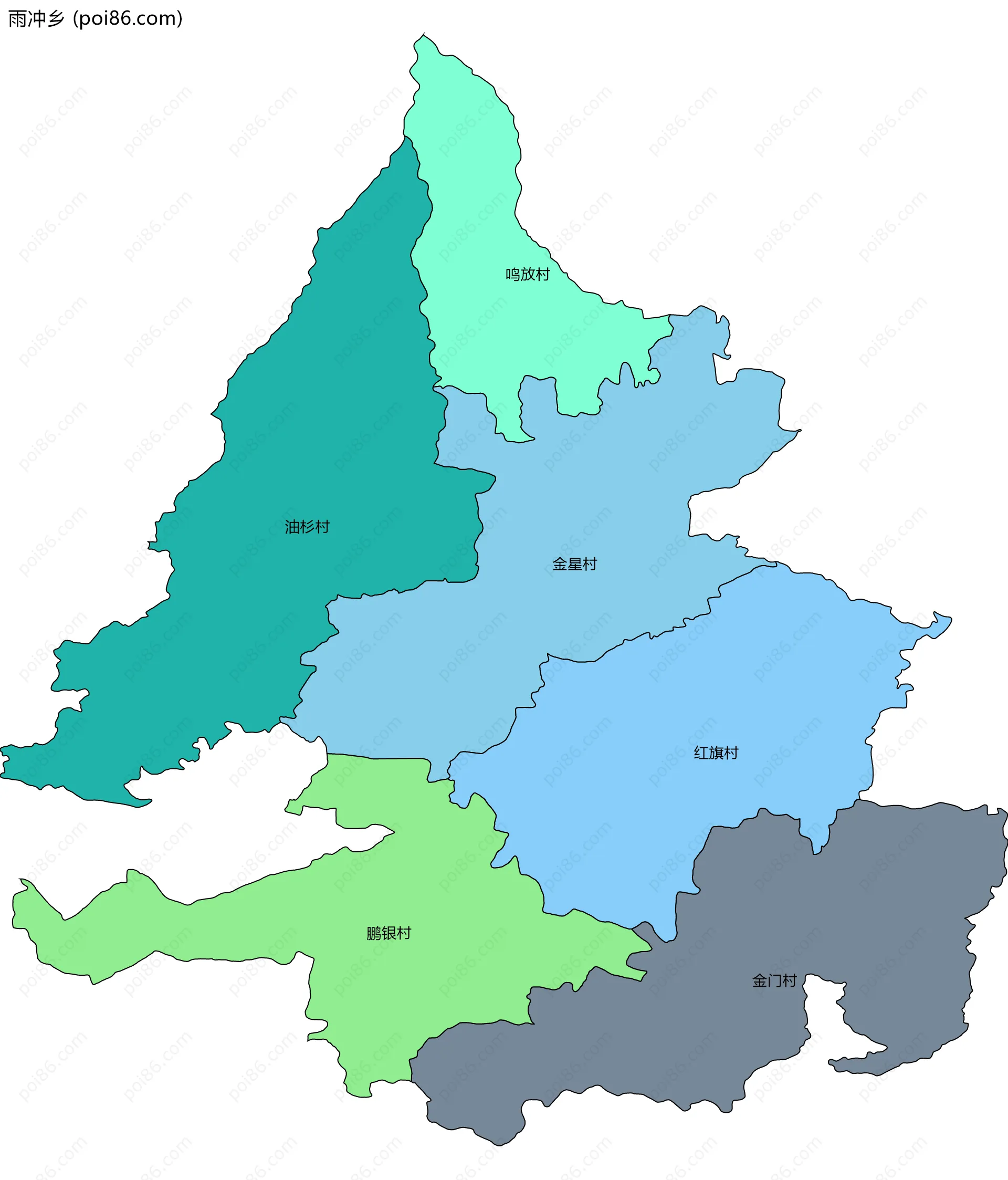 雨冲乡边界地图(五级行政区划)