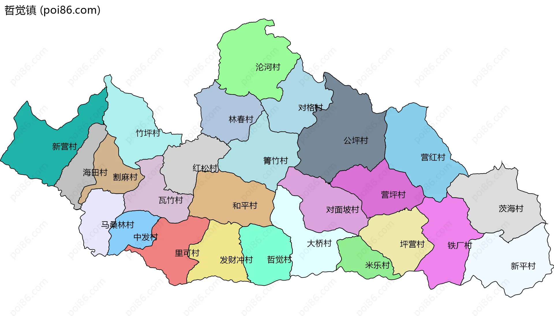 哲觉镇边界地图(五级行政区划)
