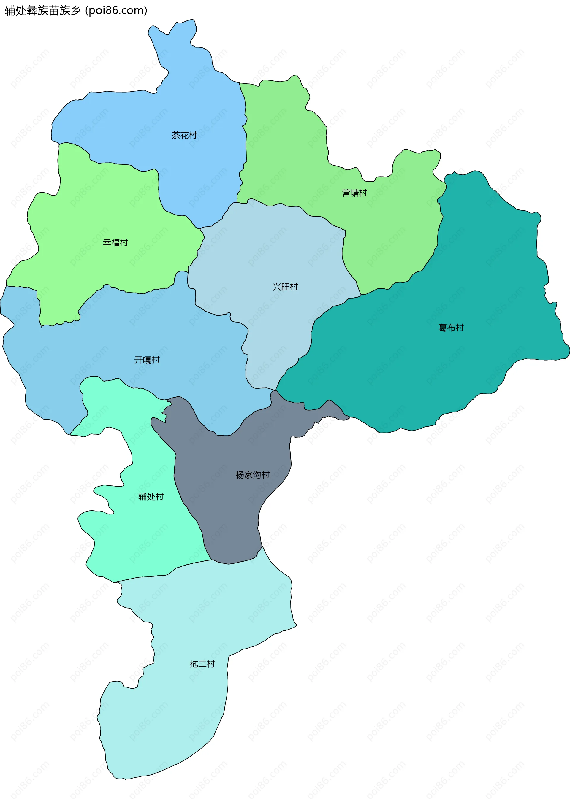 辅处彝族苗族乡边界地图(五级行政区划)