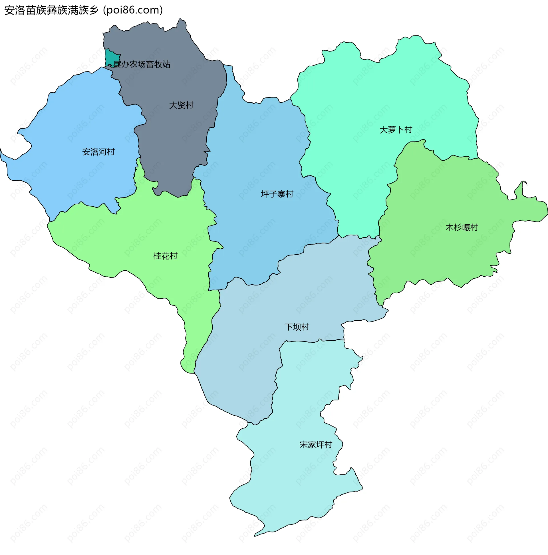 安洛苗族彝族满族乡边界地图(五级行政区划)