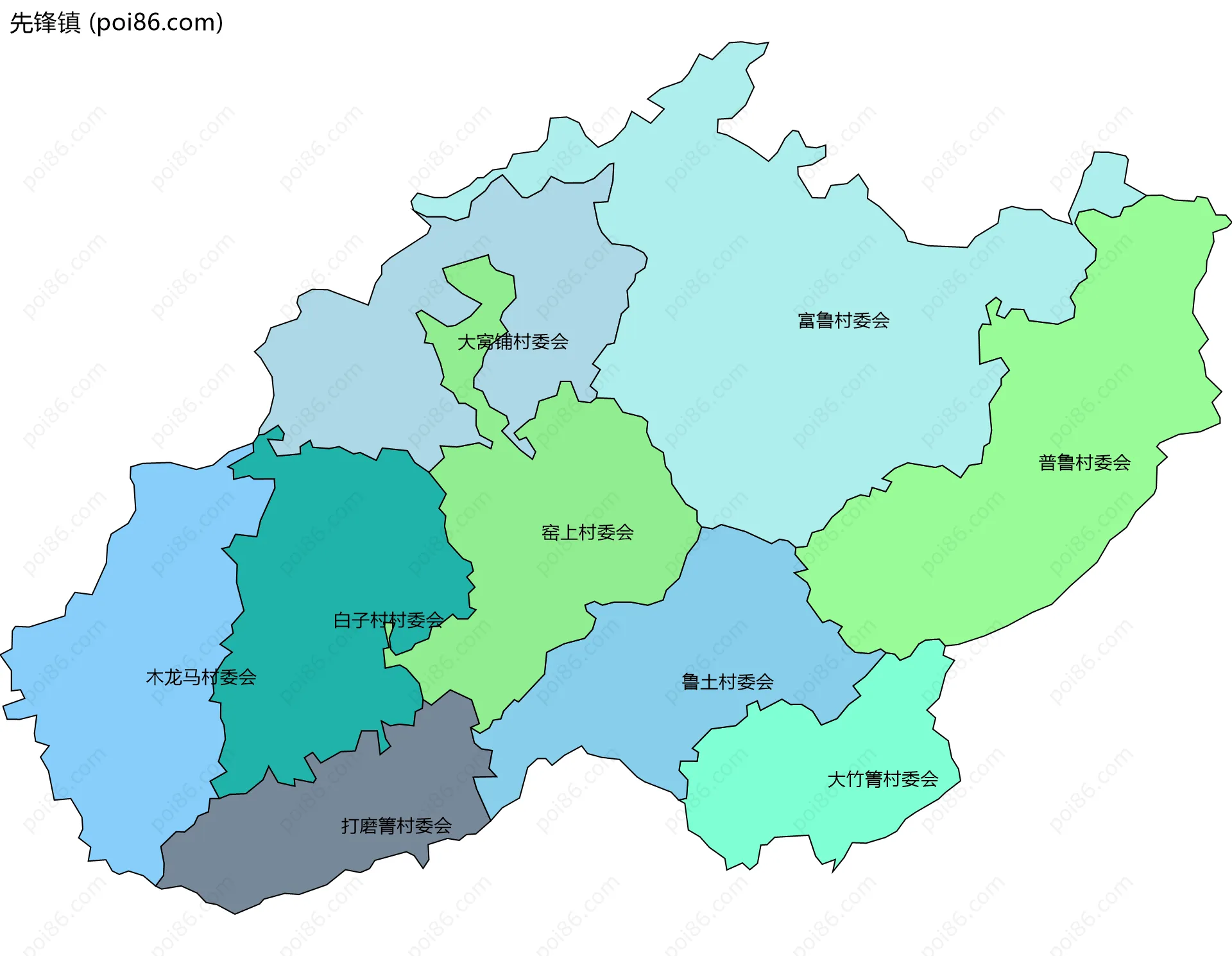 先锋镇边界地图(五级行政区划)
