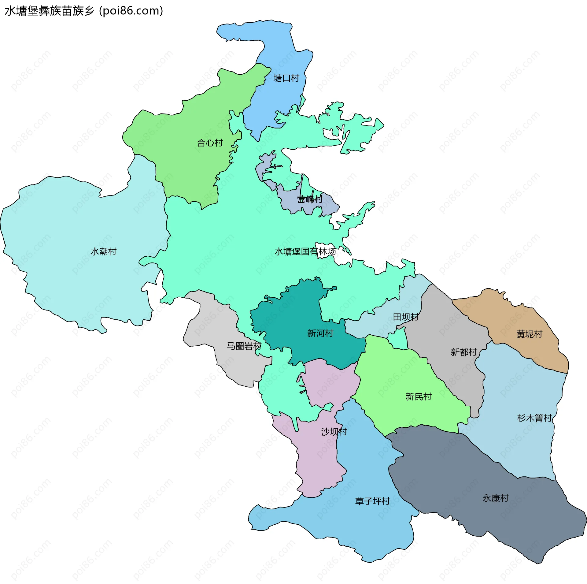 水塘堡彝族苗族乡边界地图(五级行政区划)