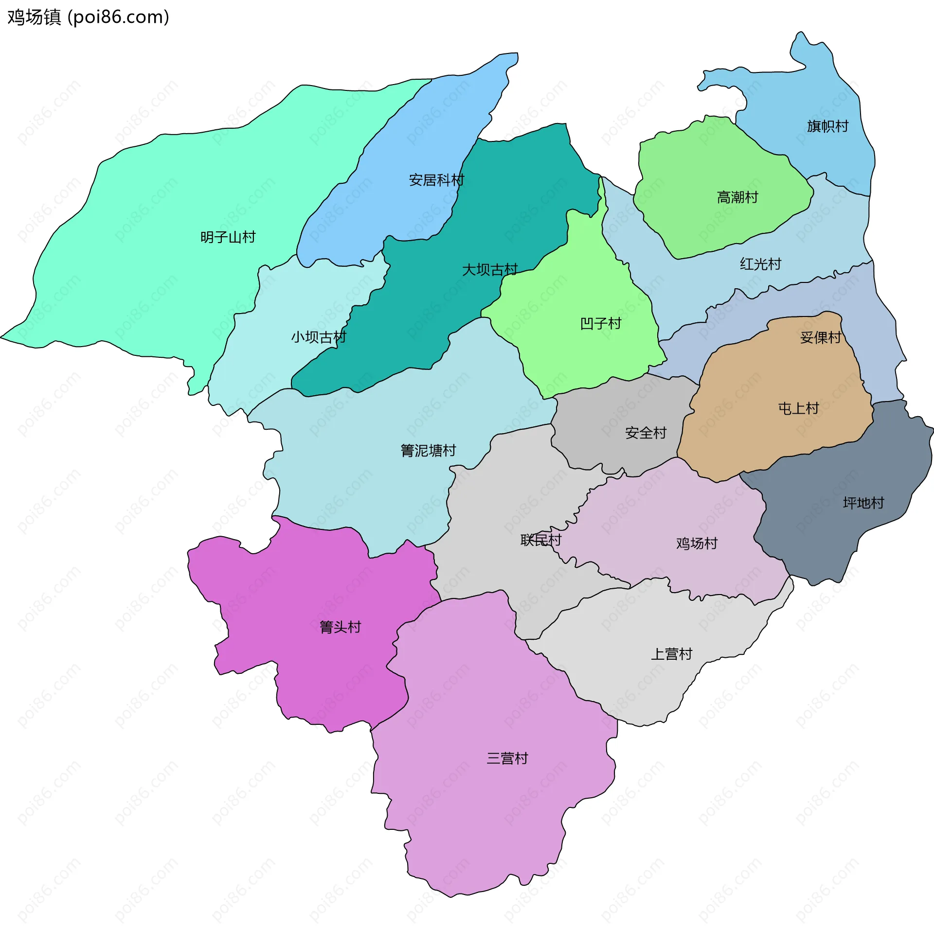 鸡场镇边界地图(五级行政区划)