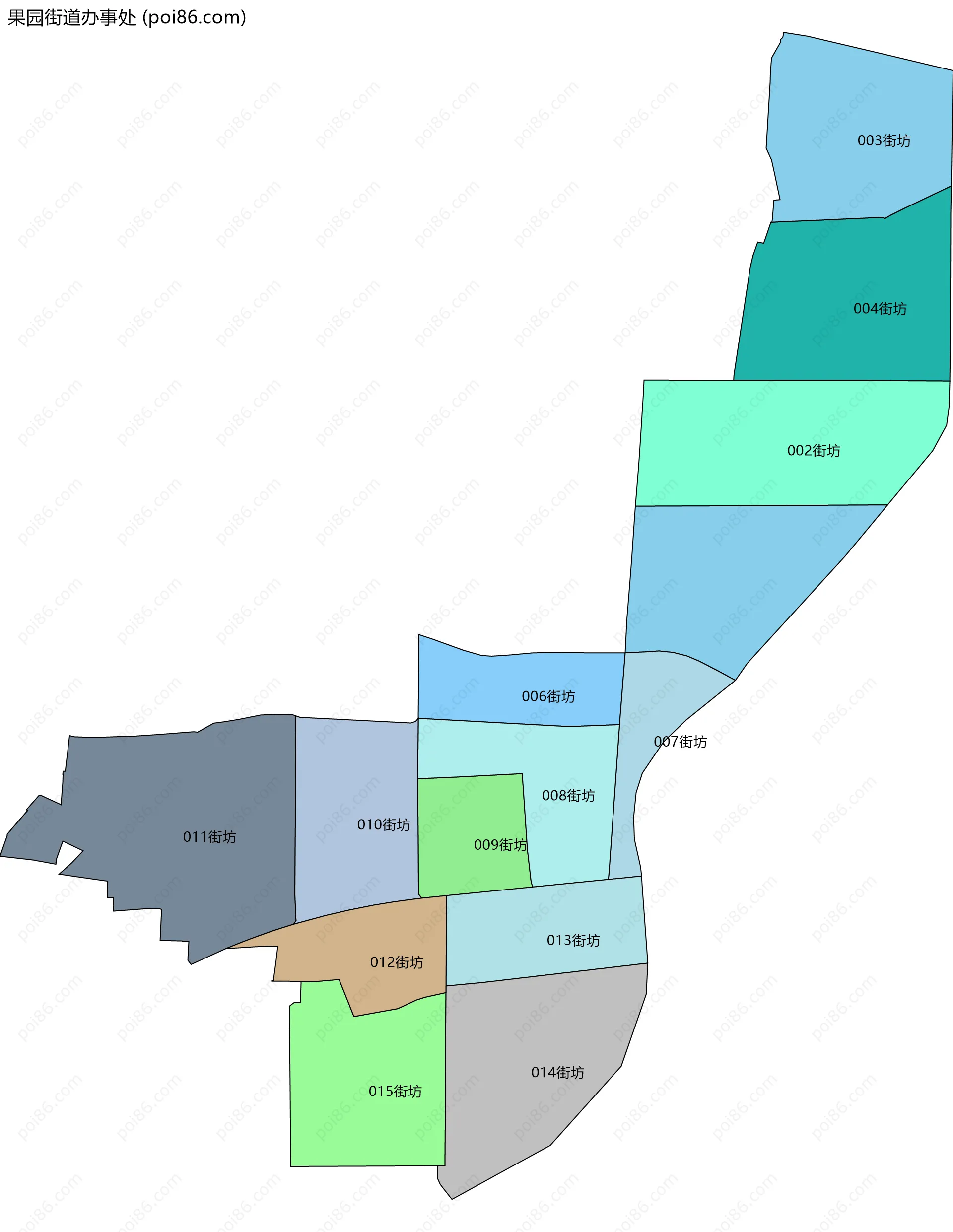 果园街道办事处边界地图(五级行政区划)