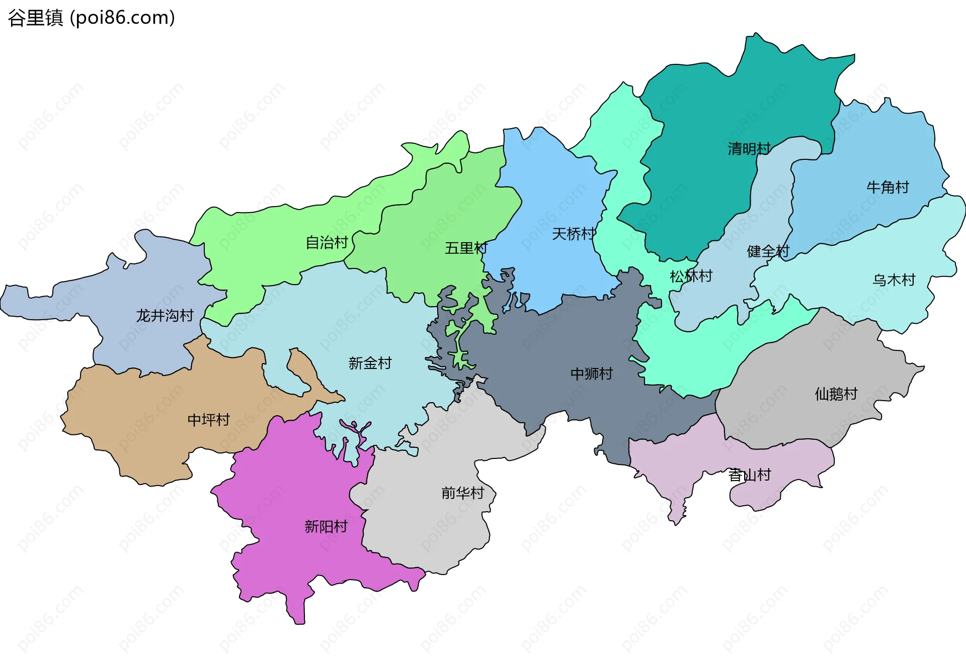 谷里镇边界地图(五级行政区划)