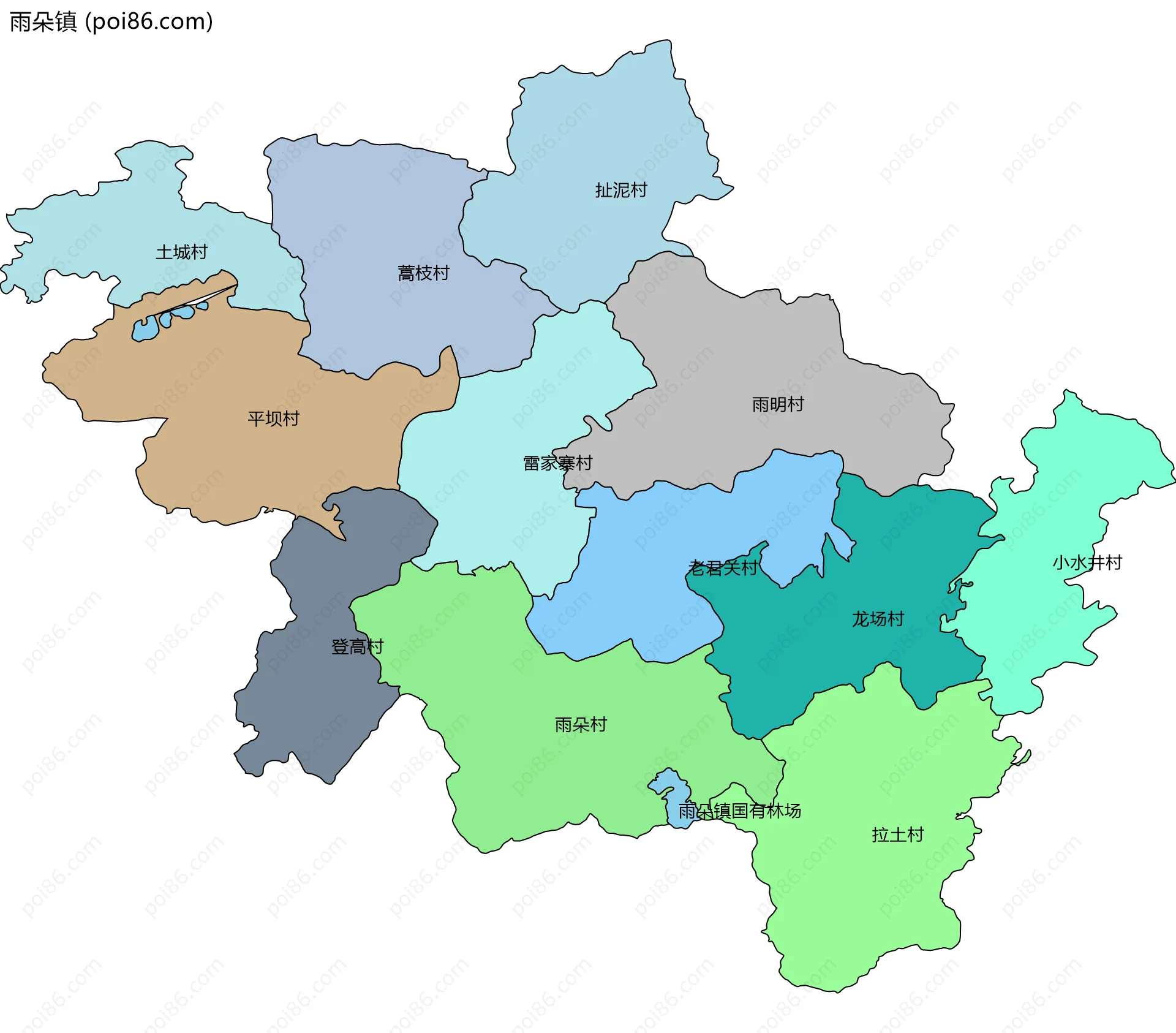 雨朵镇边界地图(五级行政区划)