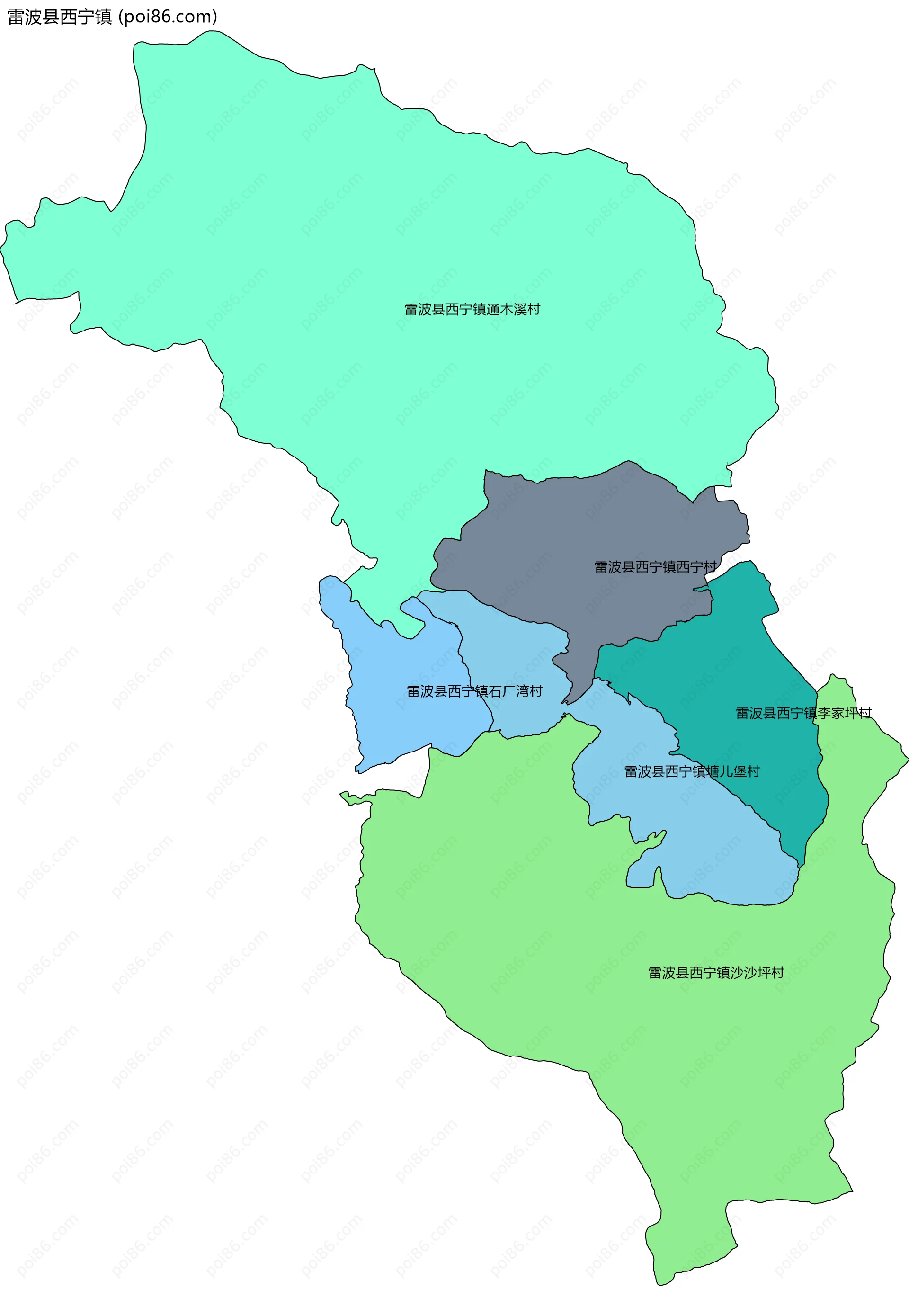 雷波县西宁镇边界地图(五级行政区划)