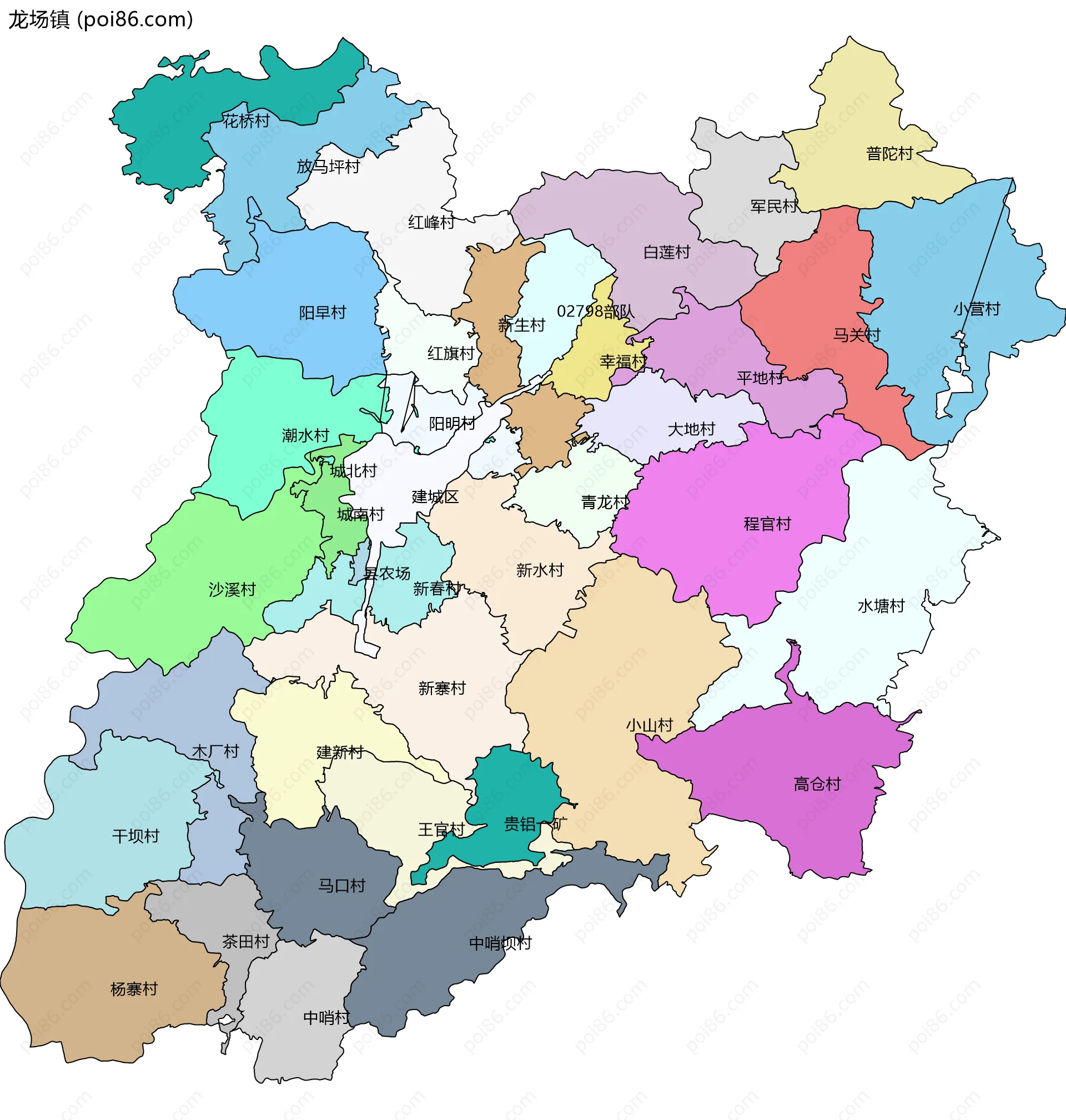 龙场镇边界地图(五级行政区划)