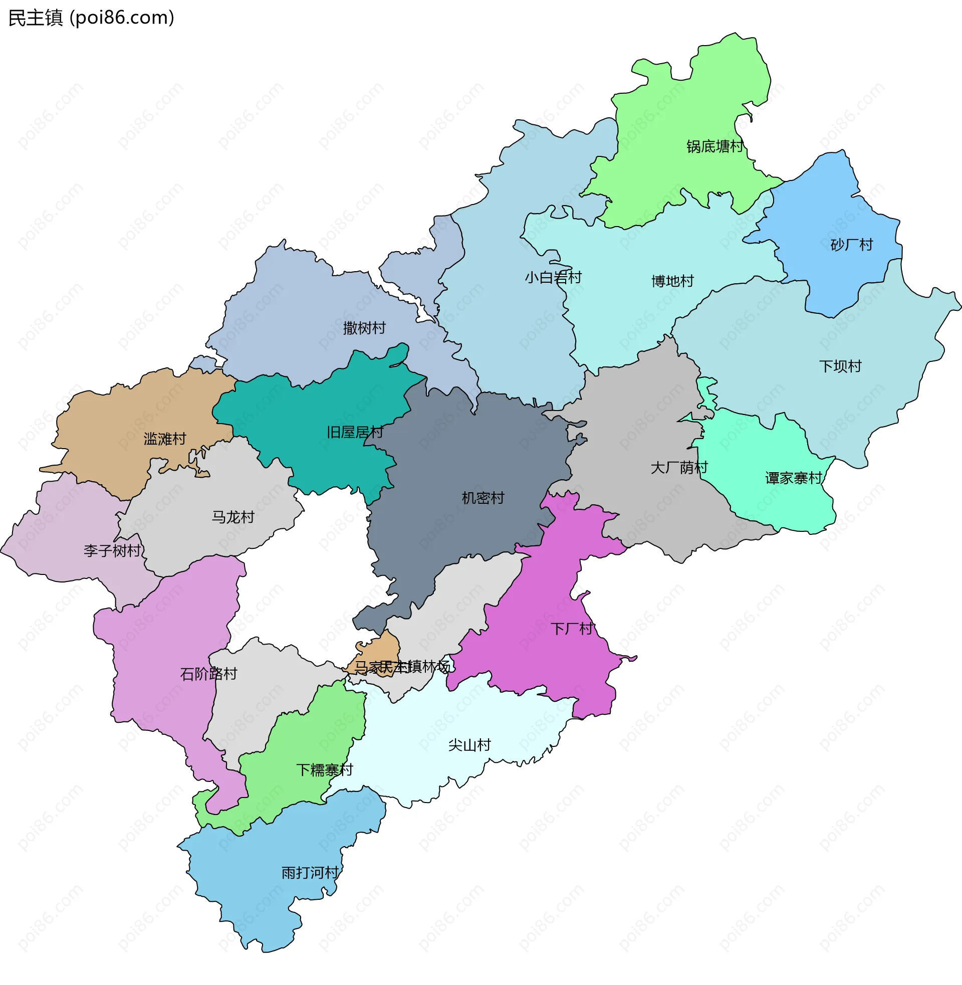 民主镇边界地图(五级行政区划)