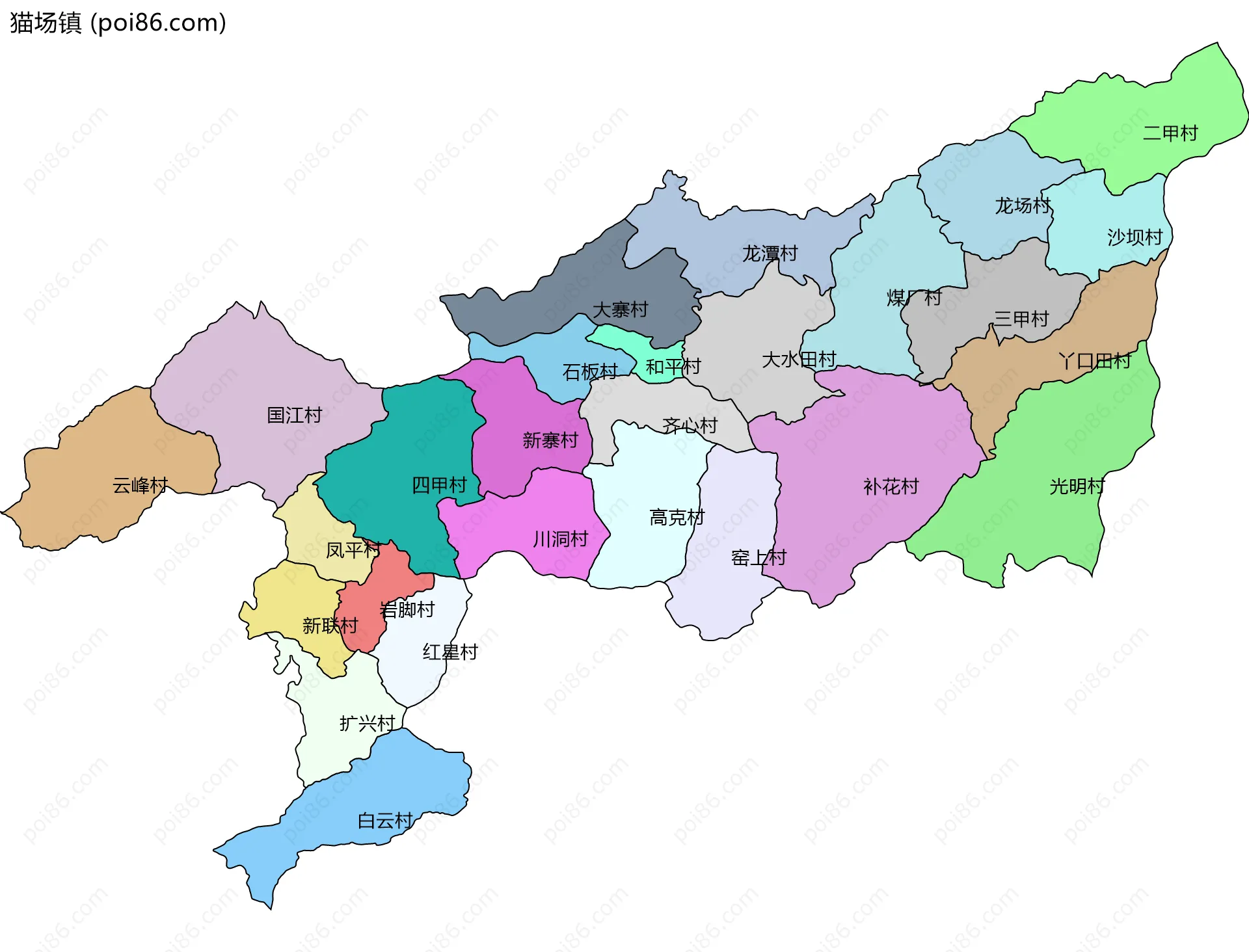 猫场镇边界地图(五级行政区划)