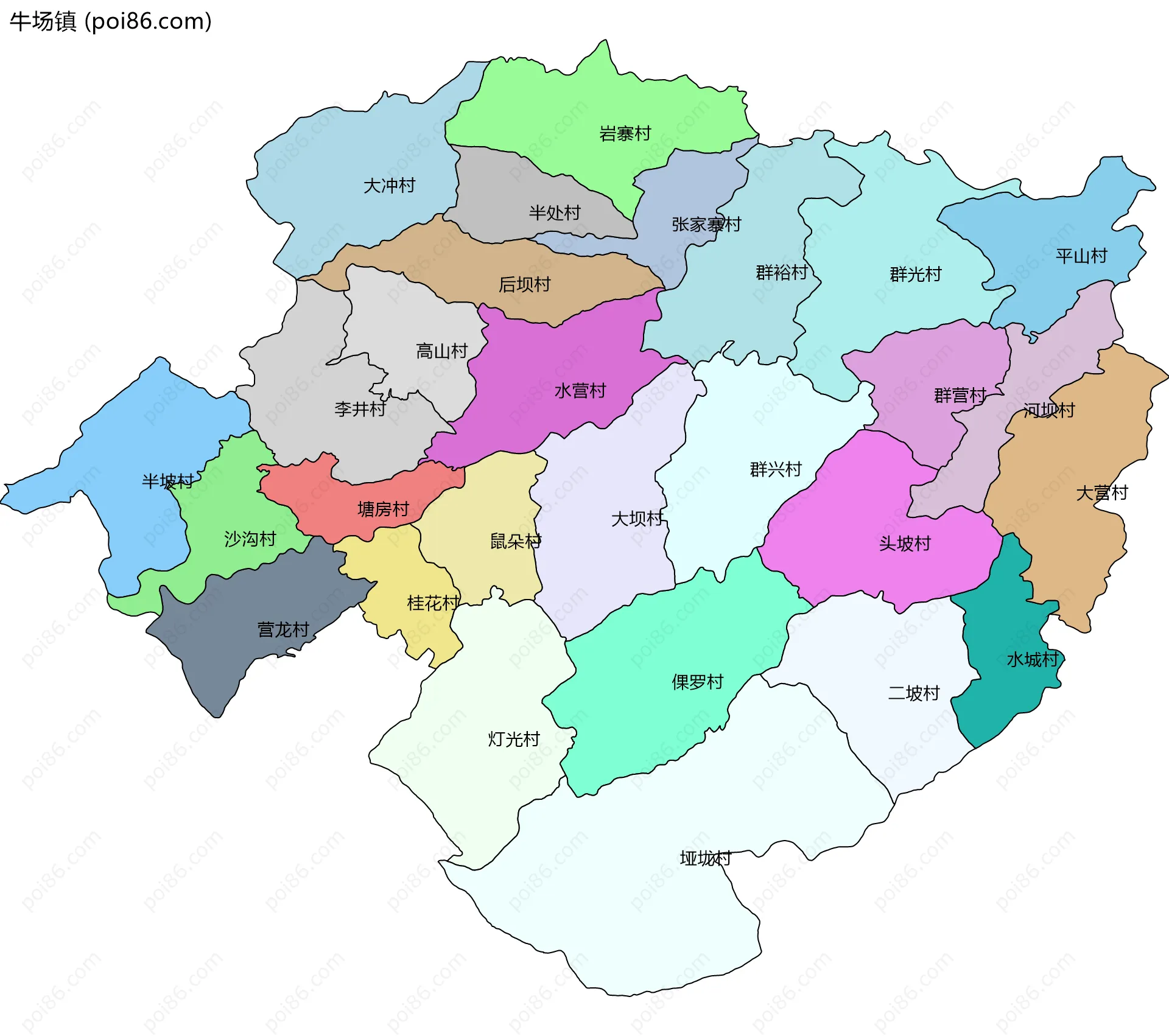 牛场镇边界地图(五级行政区划)