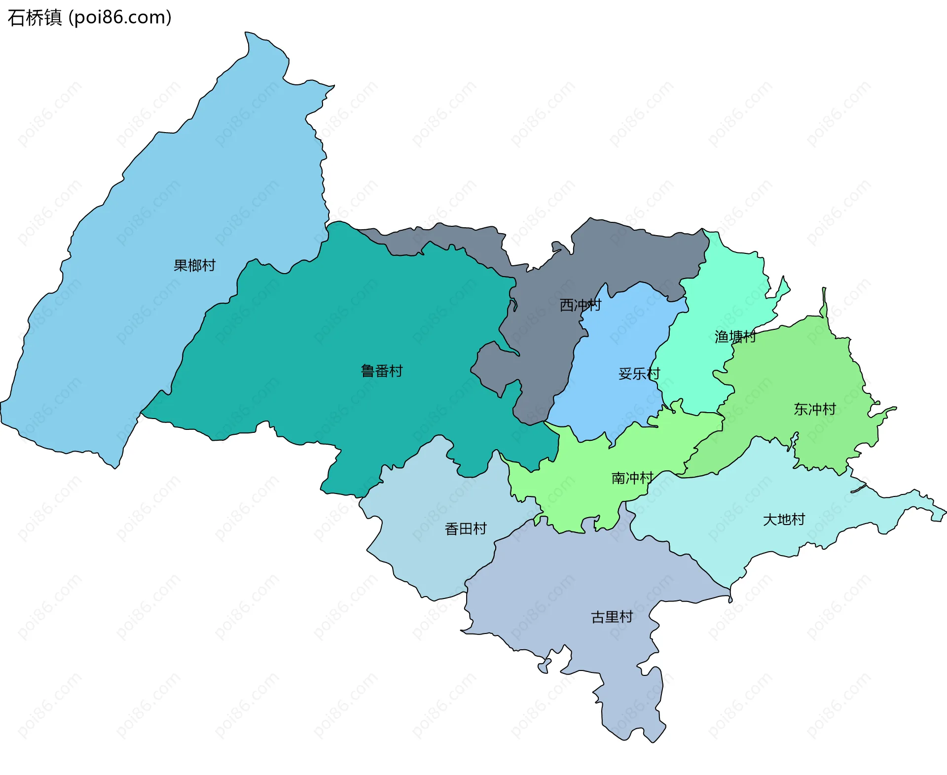 石桥镇边界地图(五级行政区划)