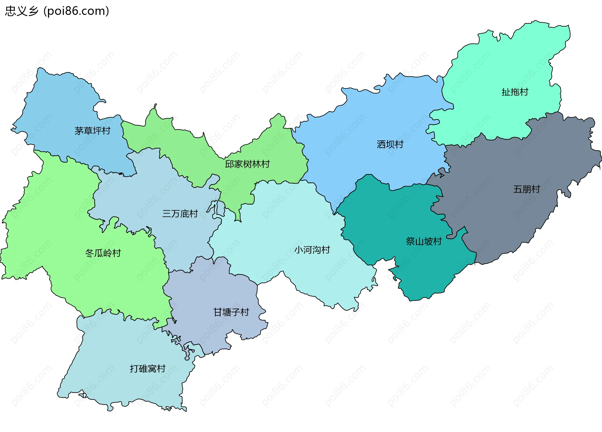 忠义乡边界地图(五级行政区划)