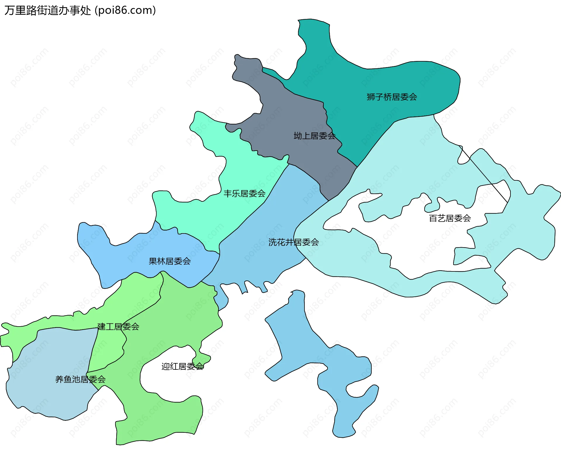 万里路街道办事处边界地图(五级行政区划)