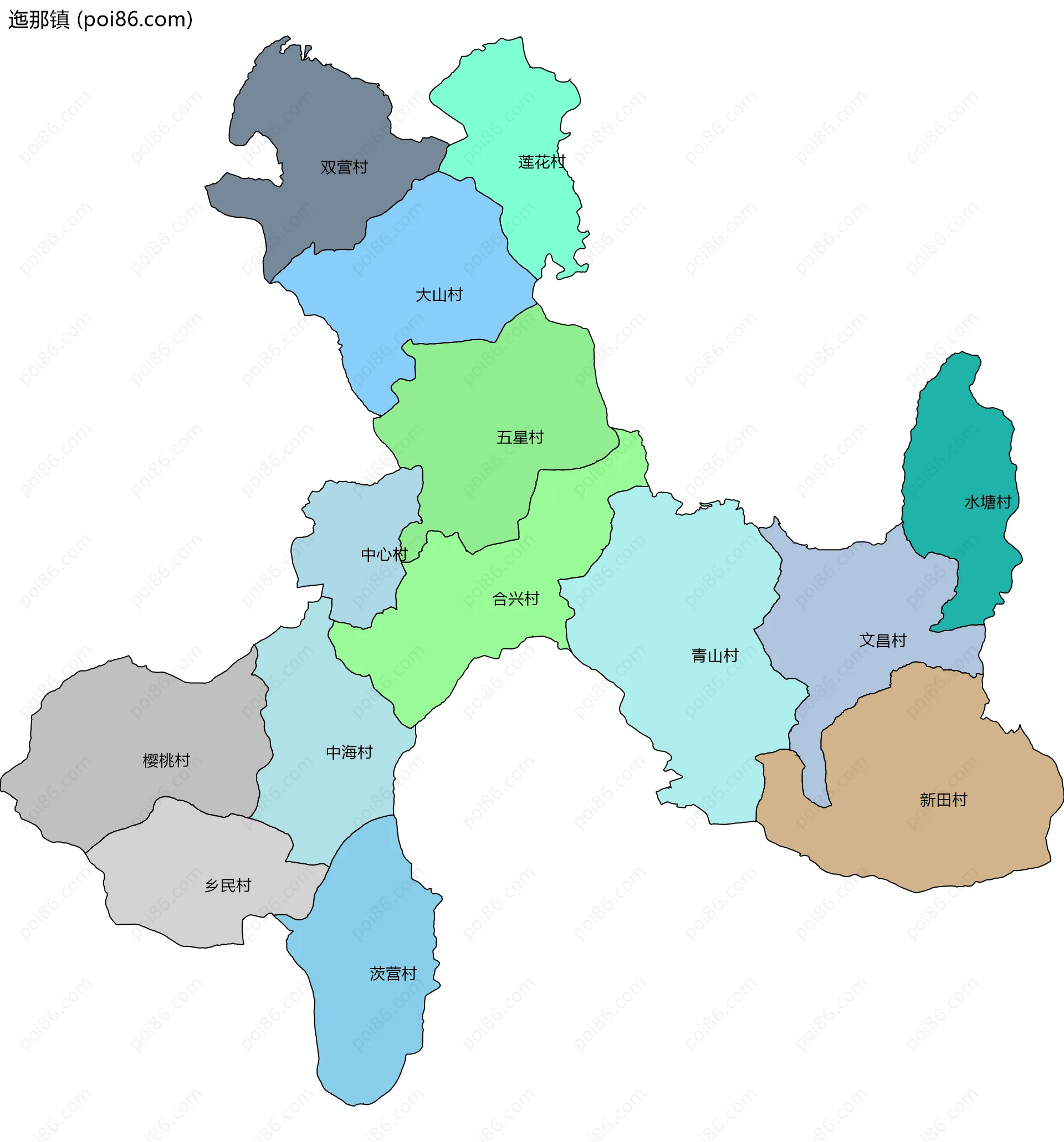 迤那镇边界地图(五级行政区划)
