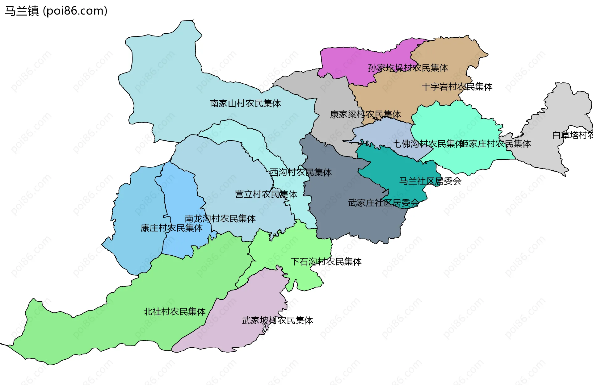 马兰镇边界地图(五级行政区划)