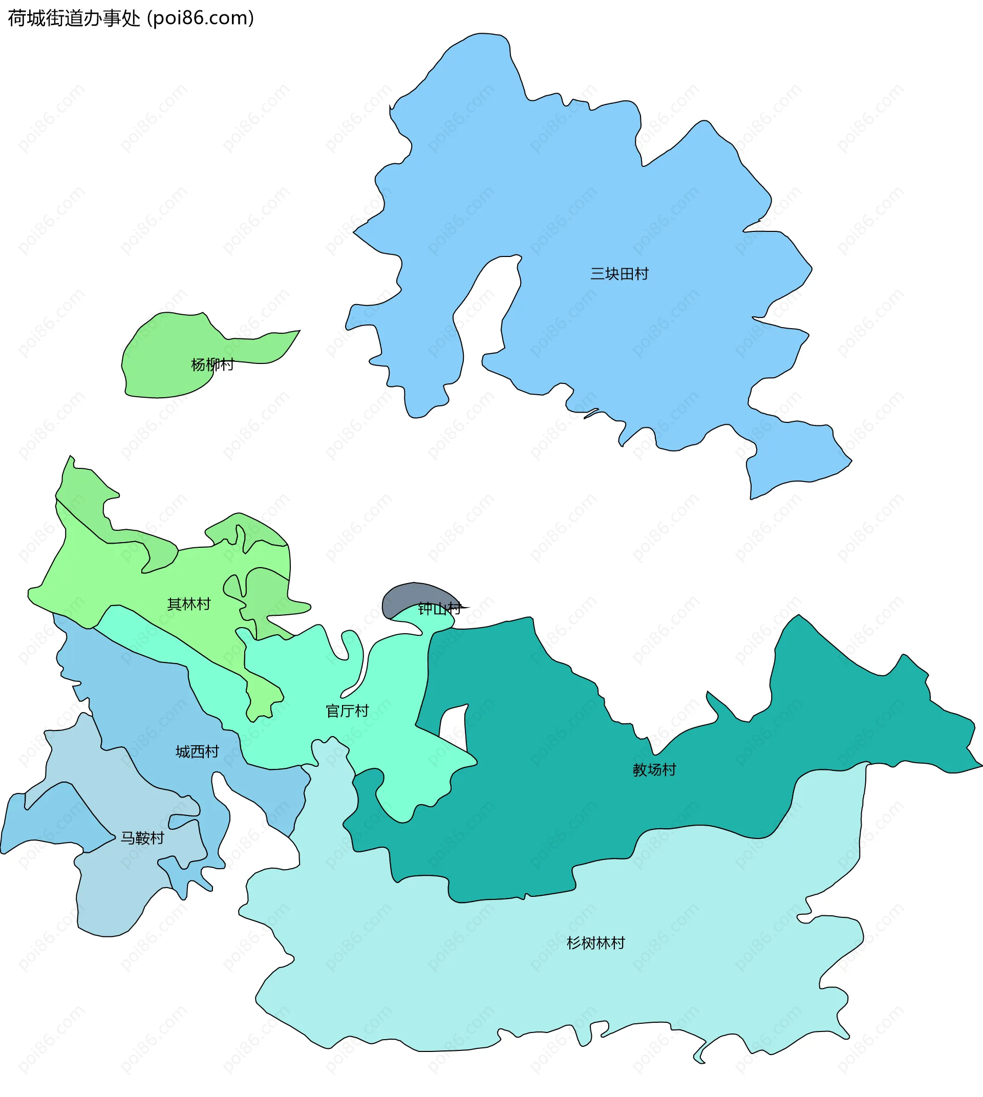 荷城街道办事处边界地图(五级行政区划)