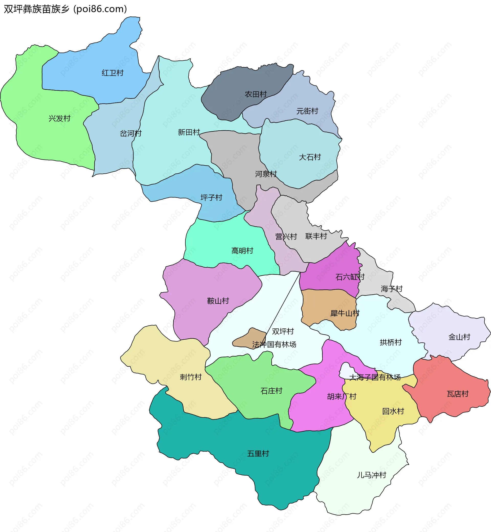 双坪彝族苗族乡边界地图(五级行政区划)