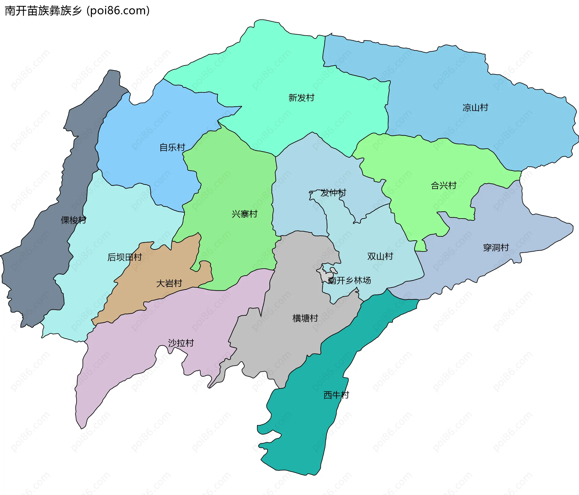 南开苗族彝族乡边界地图(五级行政区划)