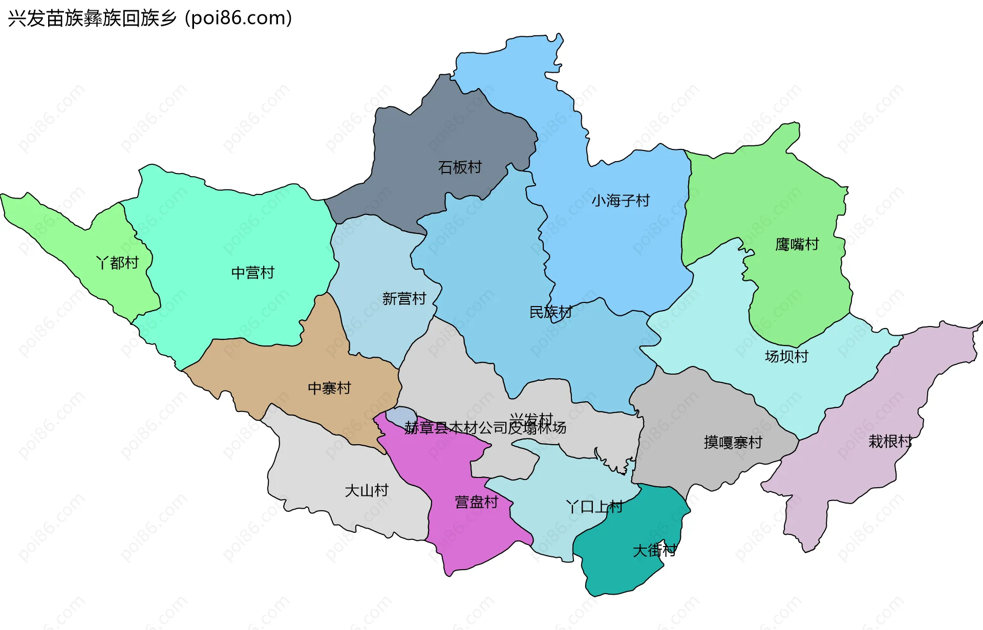 兴发苗族彝族回族乡边界地图(五级行政区划)