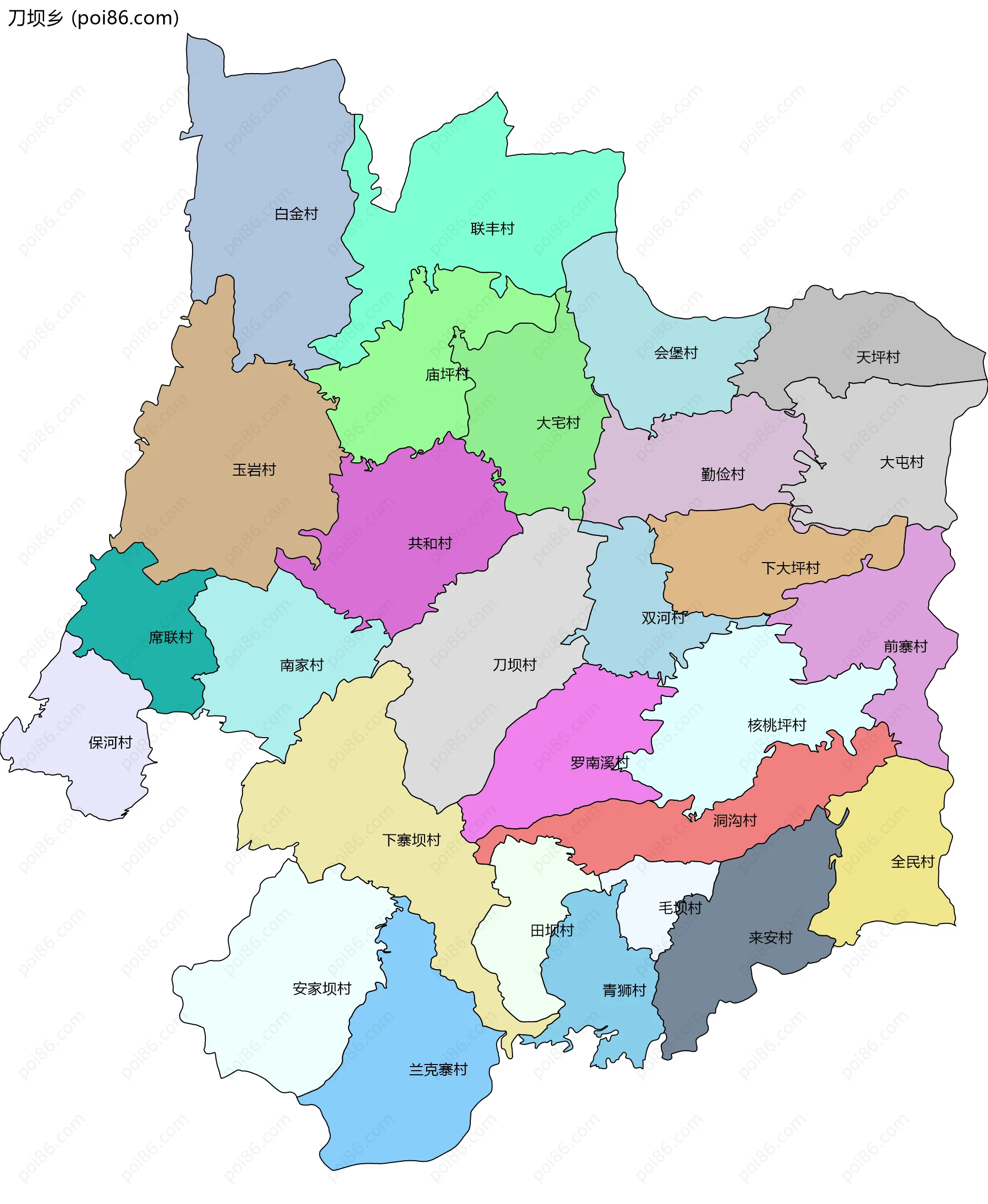 刀坝乡边界地图(五级行政区划)