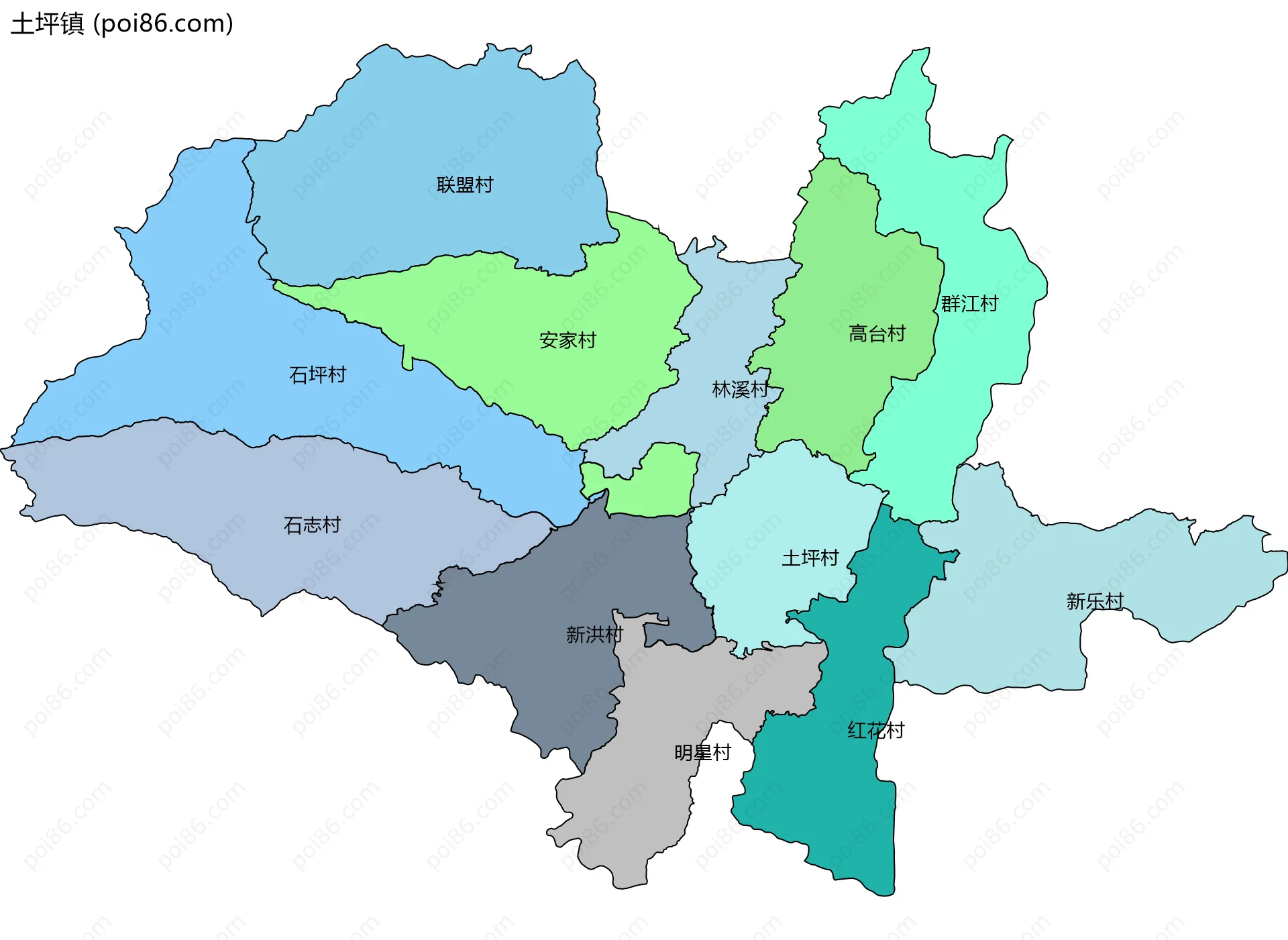 土坪镇边界地图(五级行政区划)