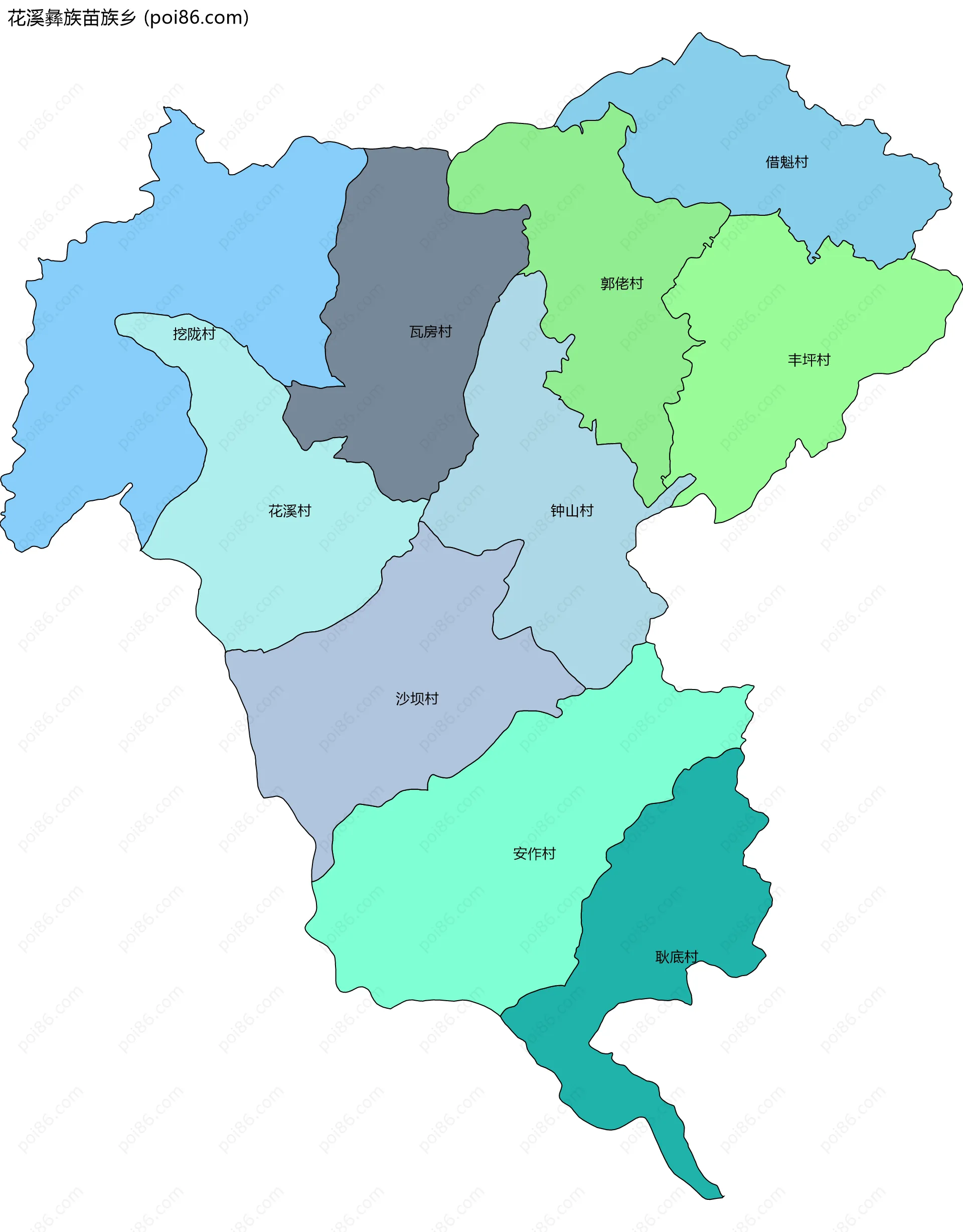 花溪彝族苗族乡边界地图(五级行政区划)