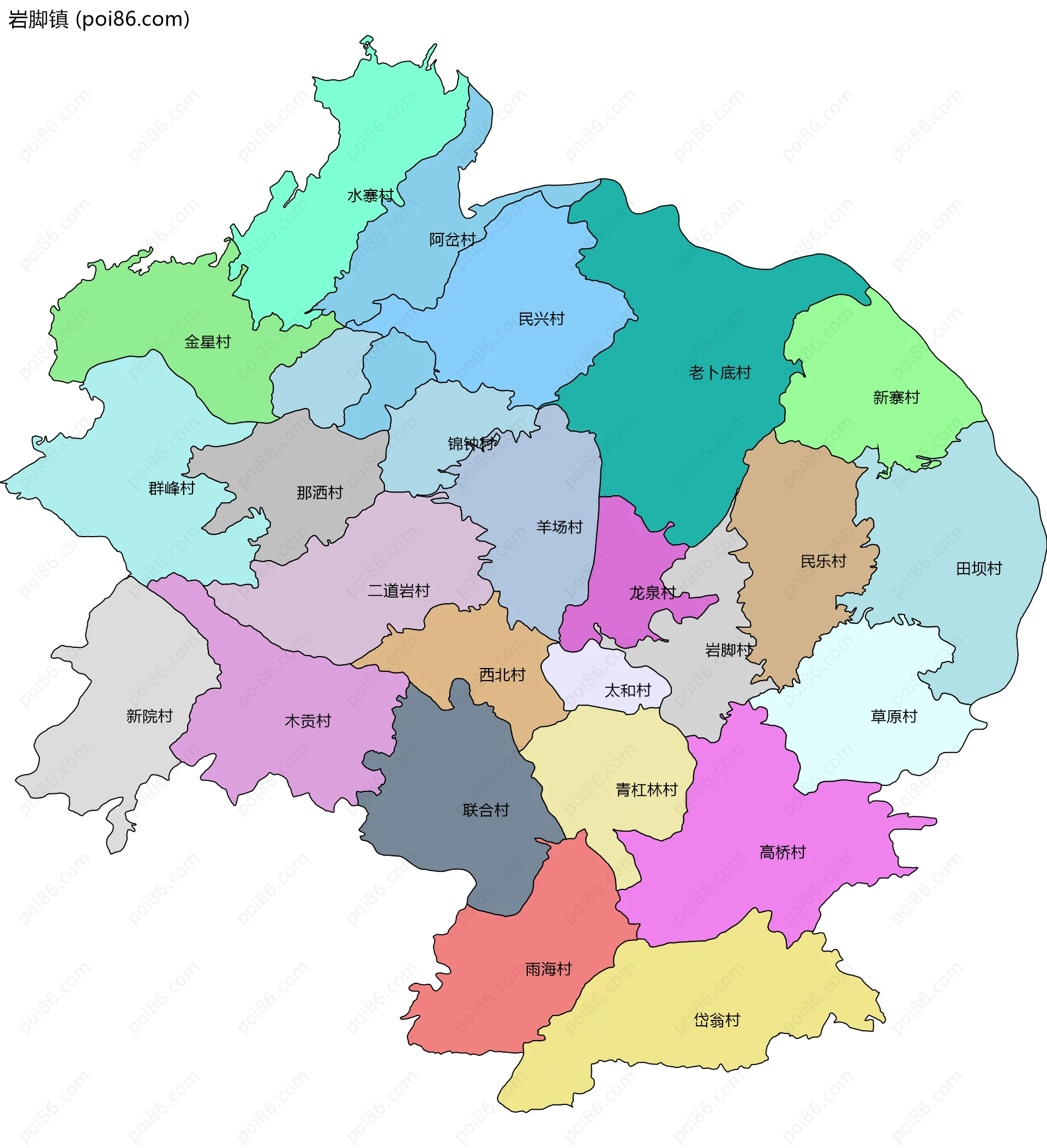 岩脚镇边界地图(五级行政区划)