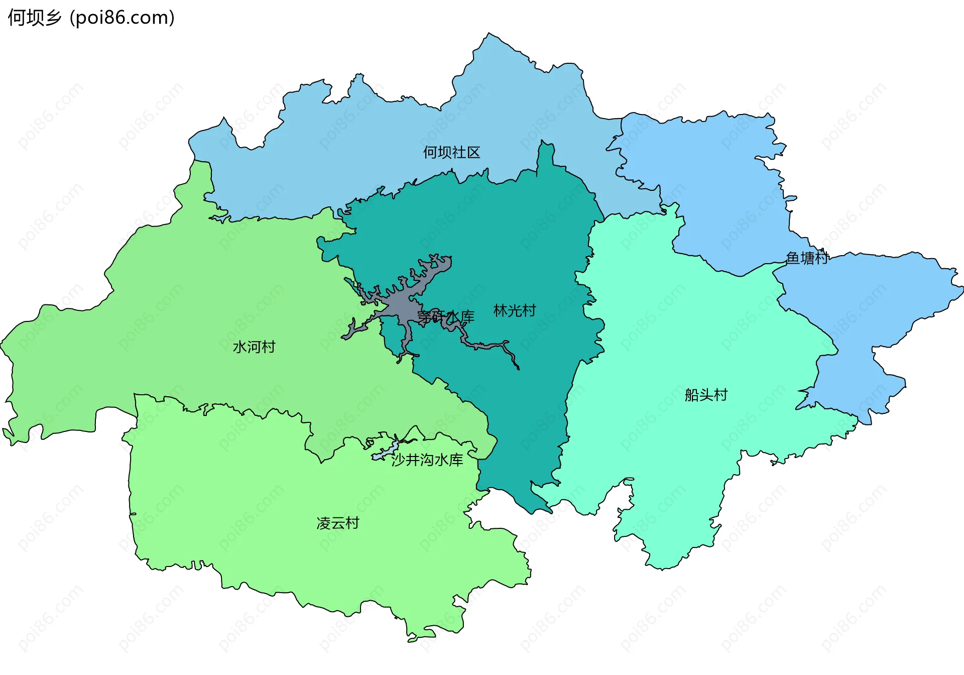 何坝乡边界地图(五级行政区划)