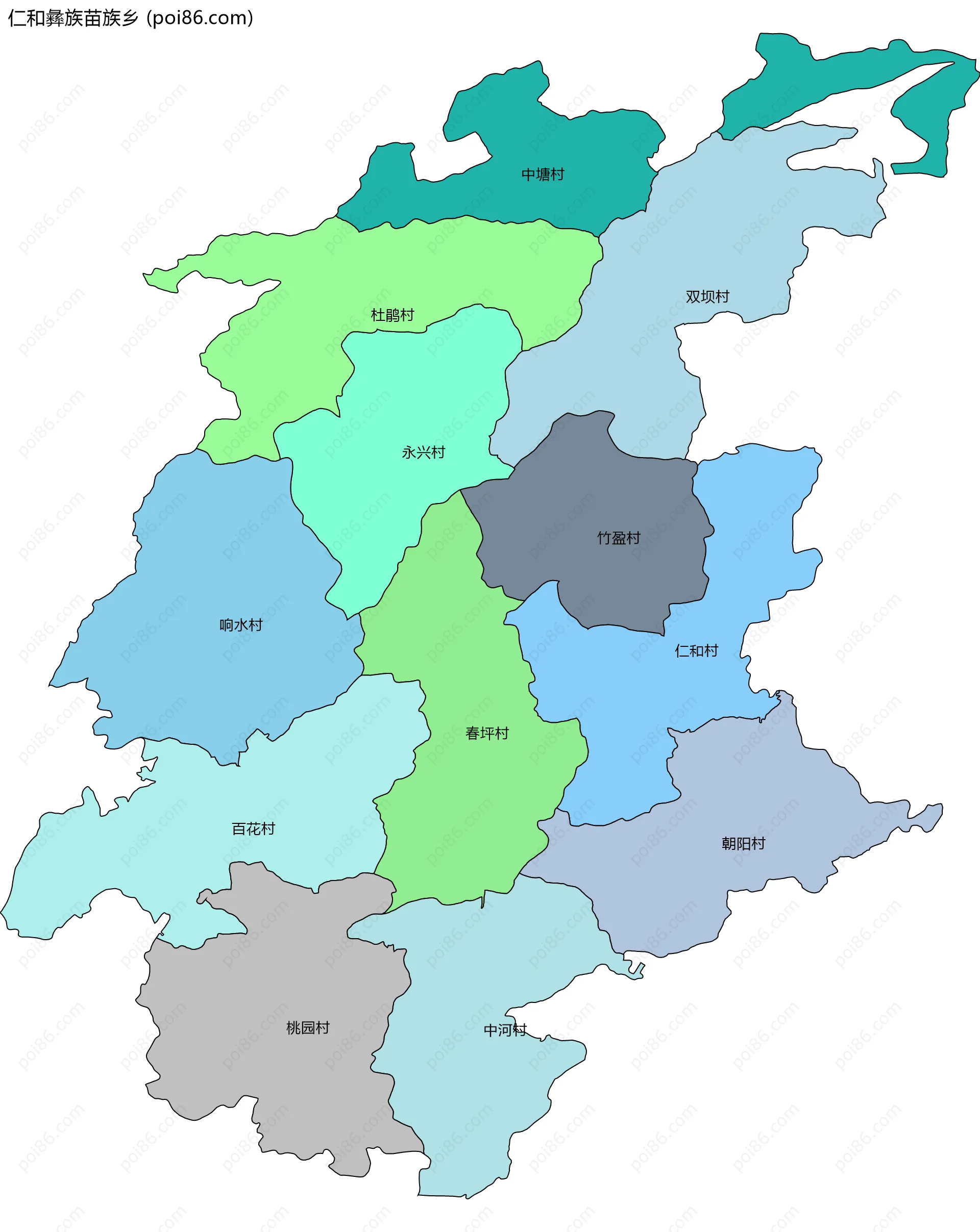 仁和彝族苗族乡边界地图(五级行政区划)