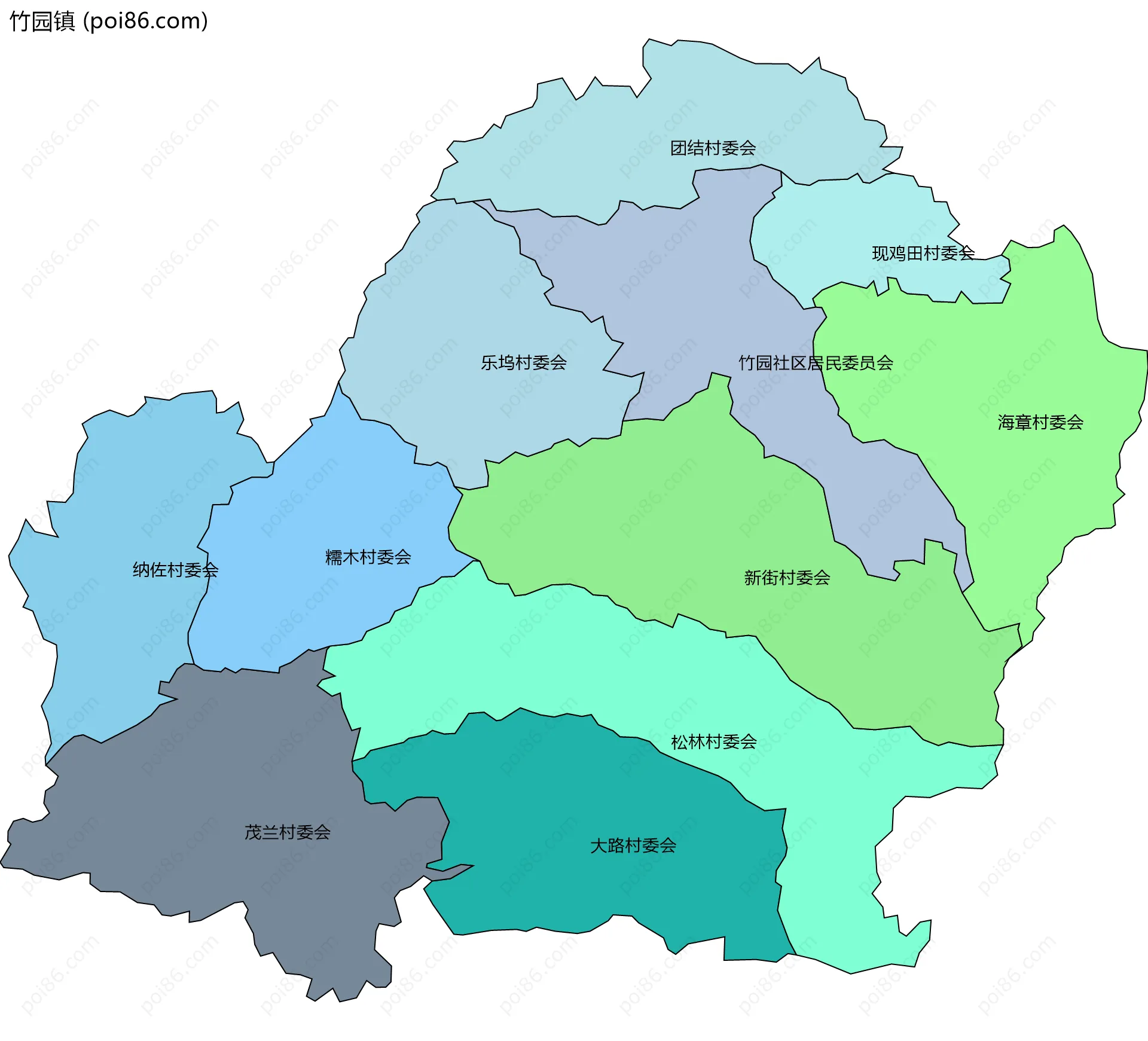 竹园镇边界地图(五级行政区划)