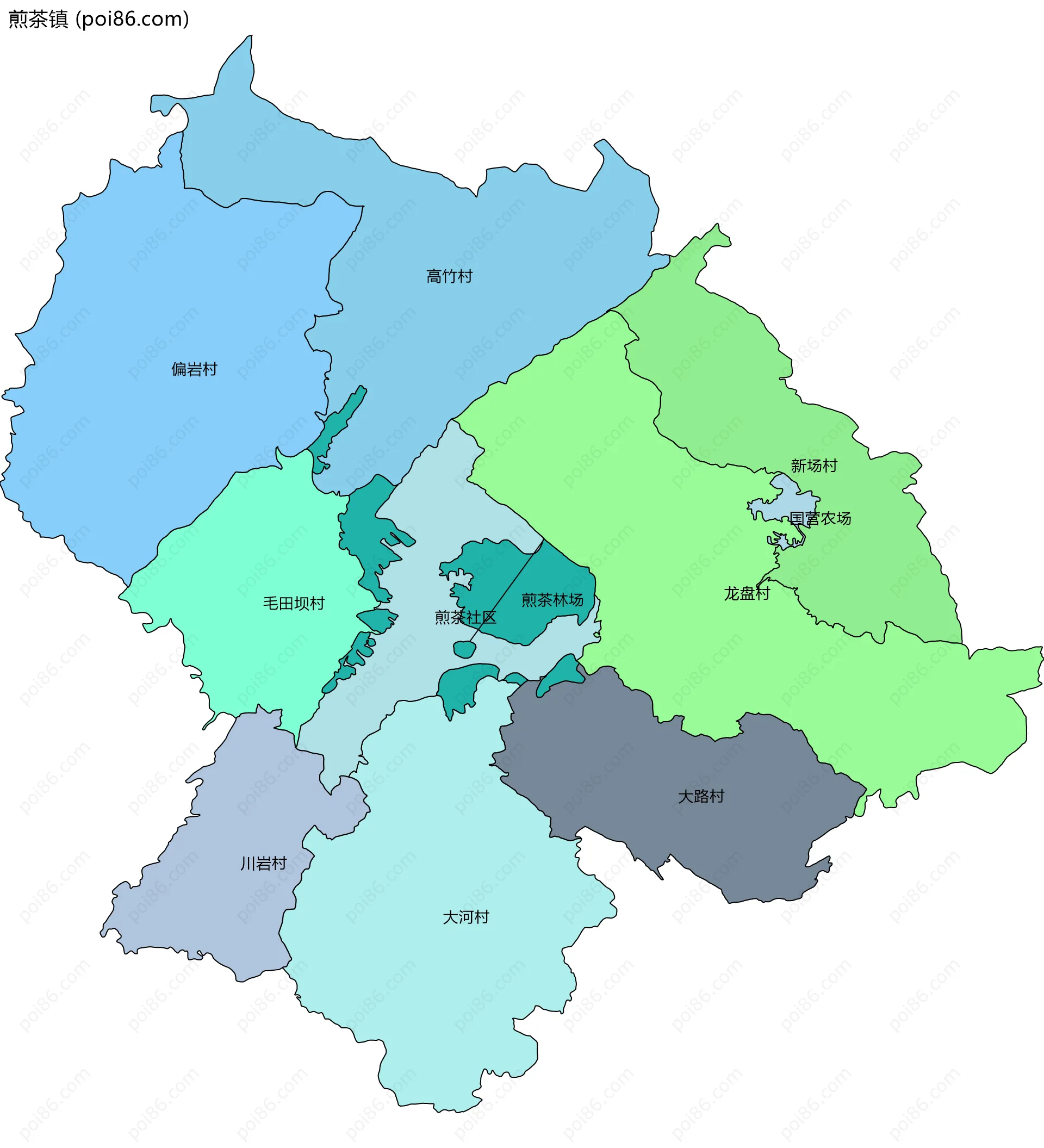煎茶镇边界地图(五级行政区划)