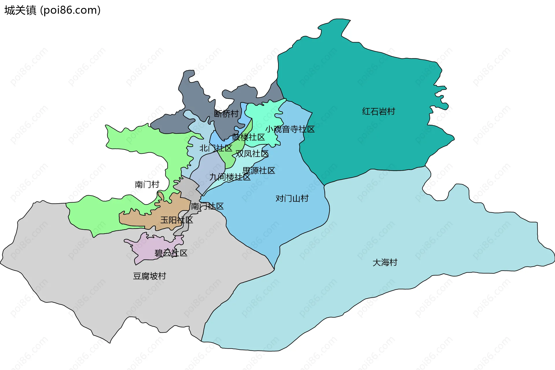 城关镇边界地图(五级行政区划)