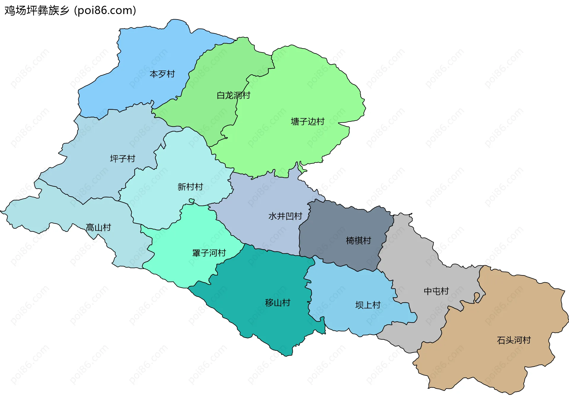 鸡场坪彝族乡边界地图(五级行政区划)