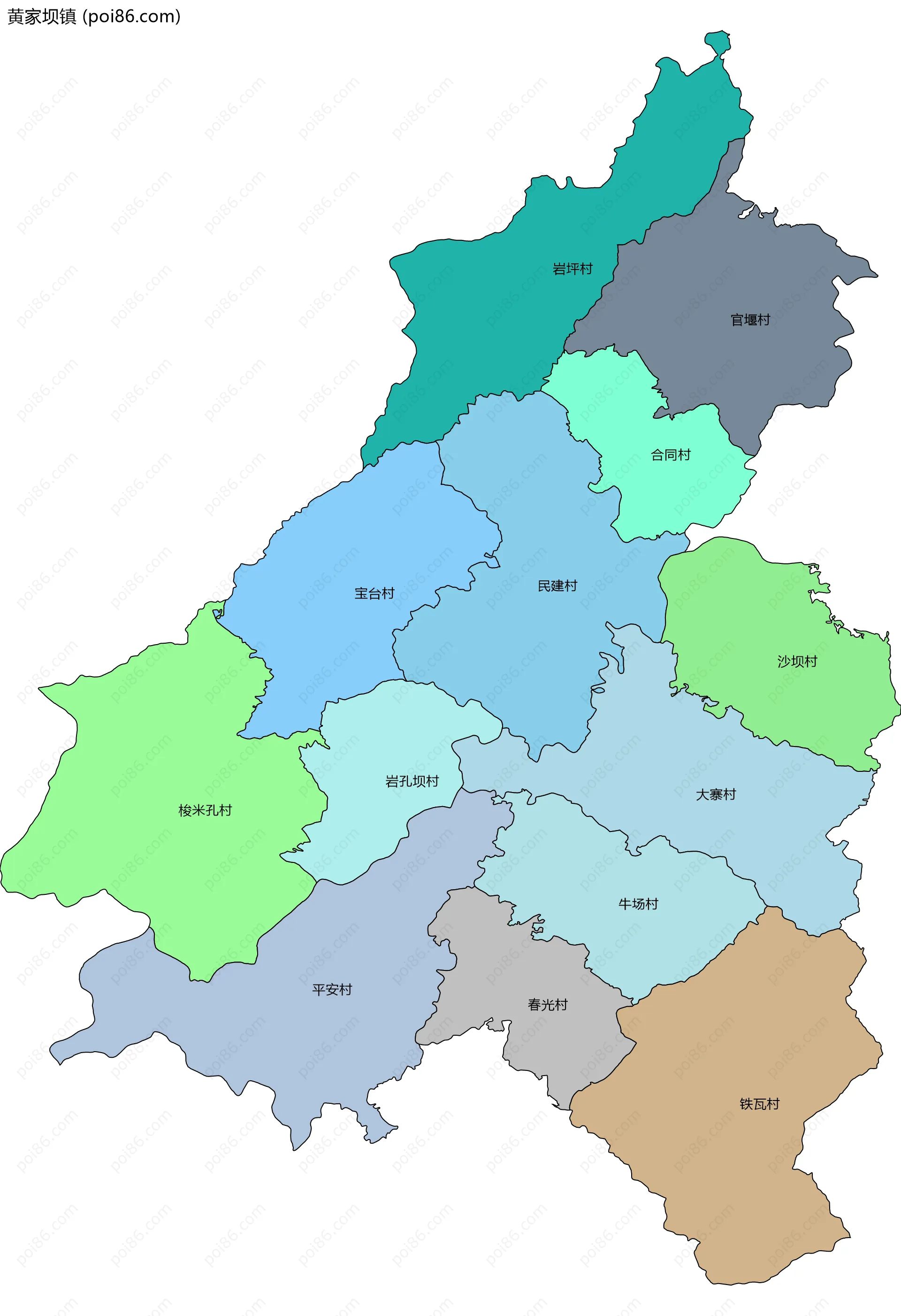 黄家坝镇边界地图(五级行政区划)