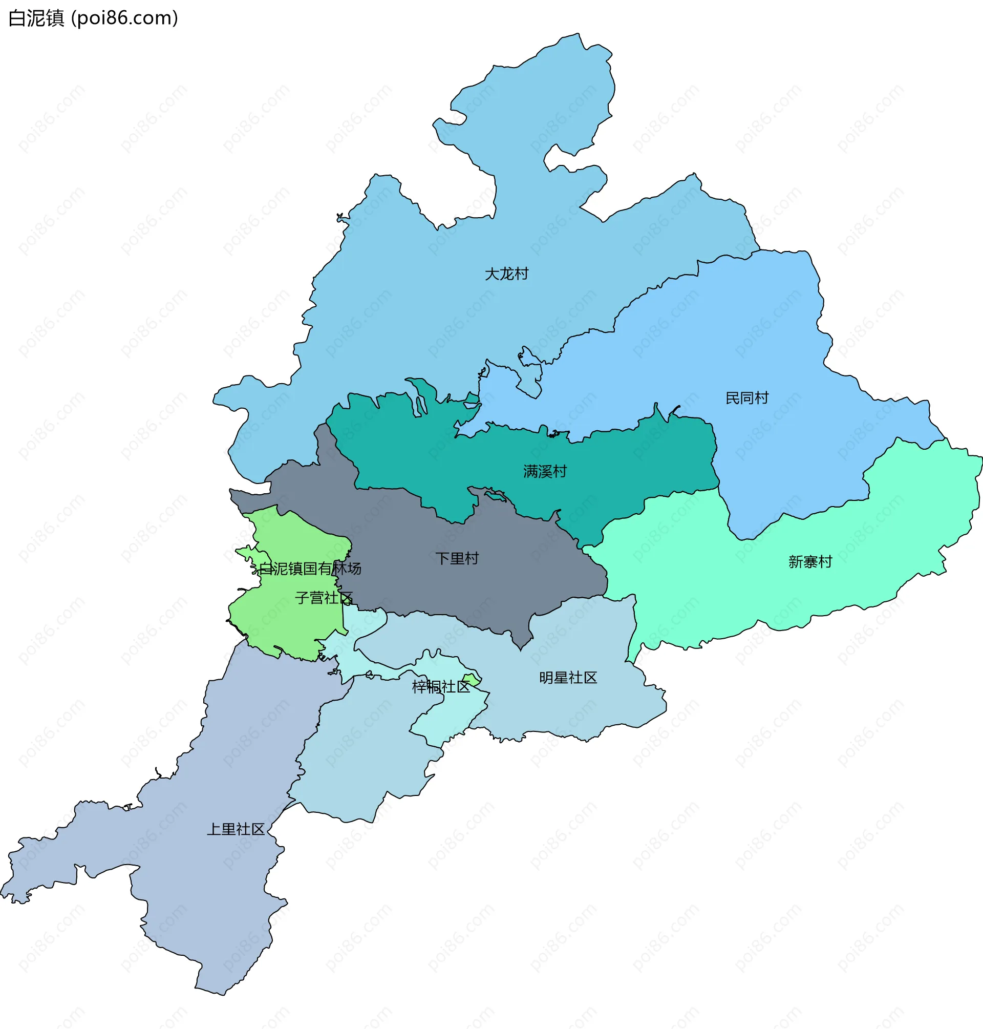 白泥镇边界地图(五级行政区划)
