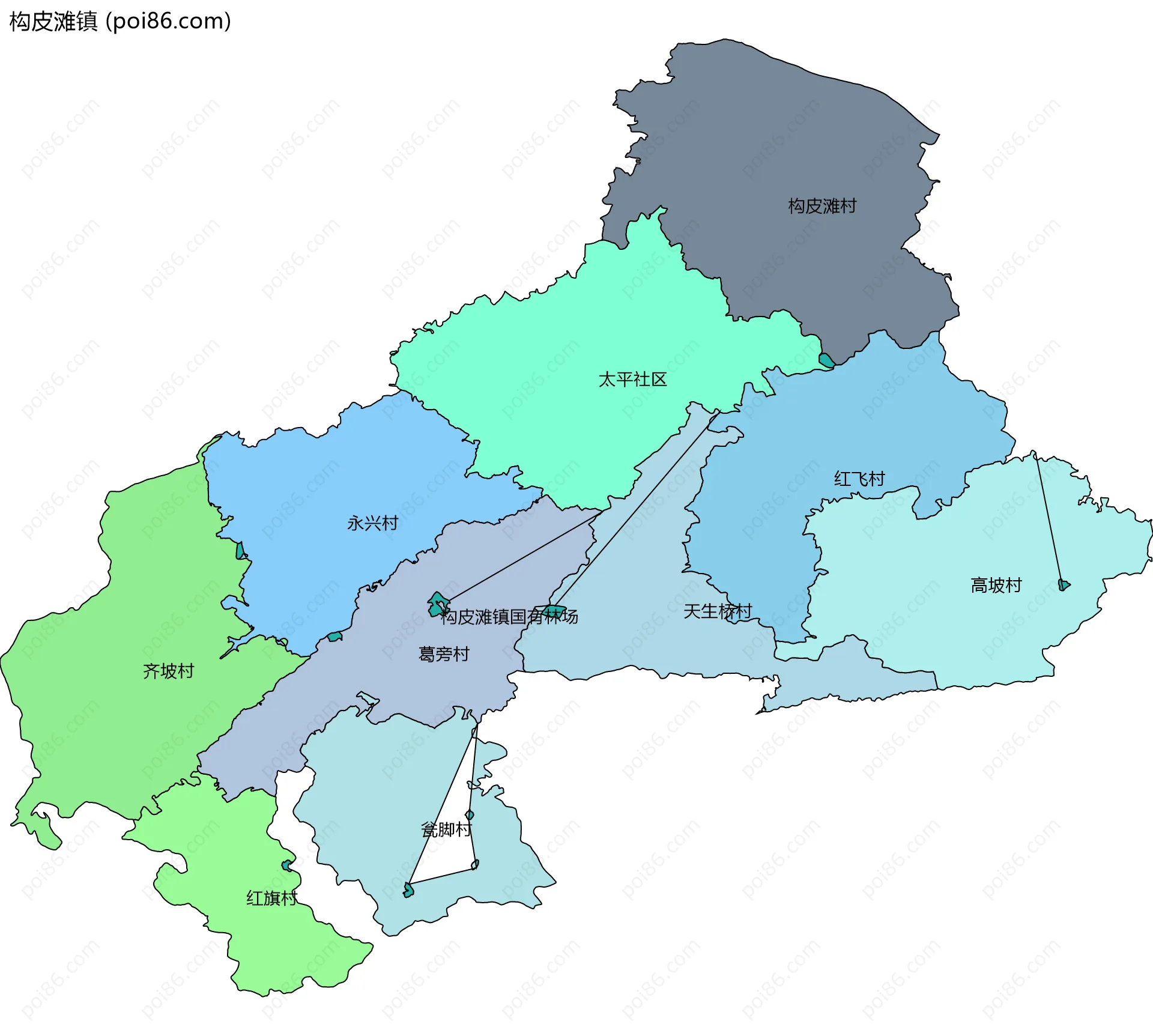 构皮滩镇边界地图(五级行政区划)
