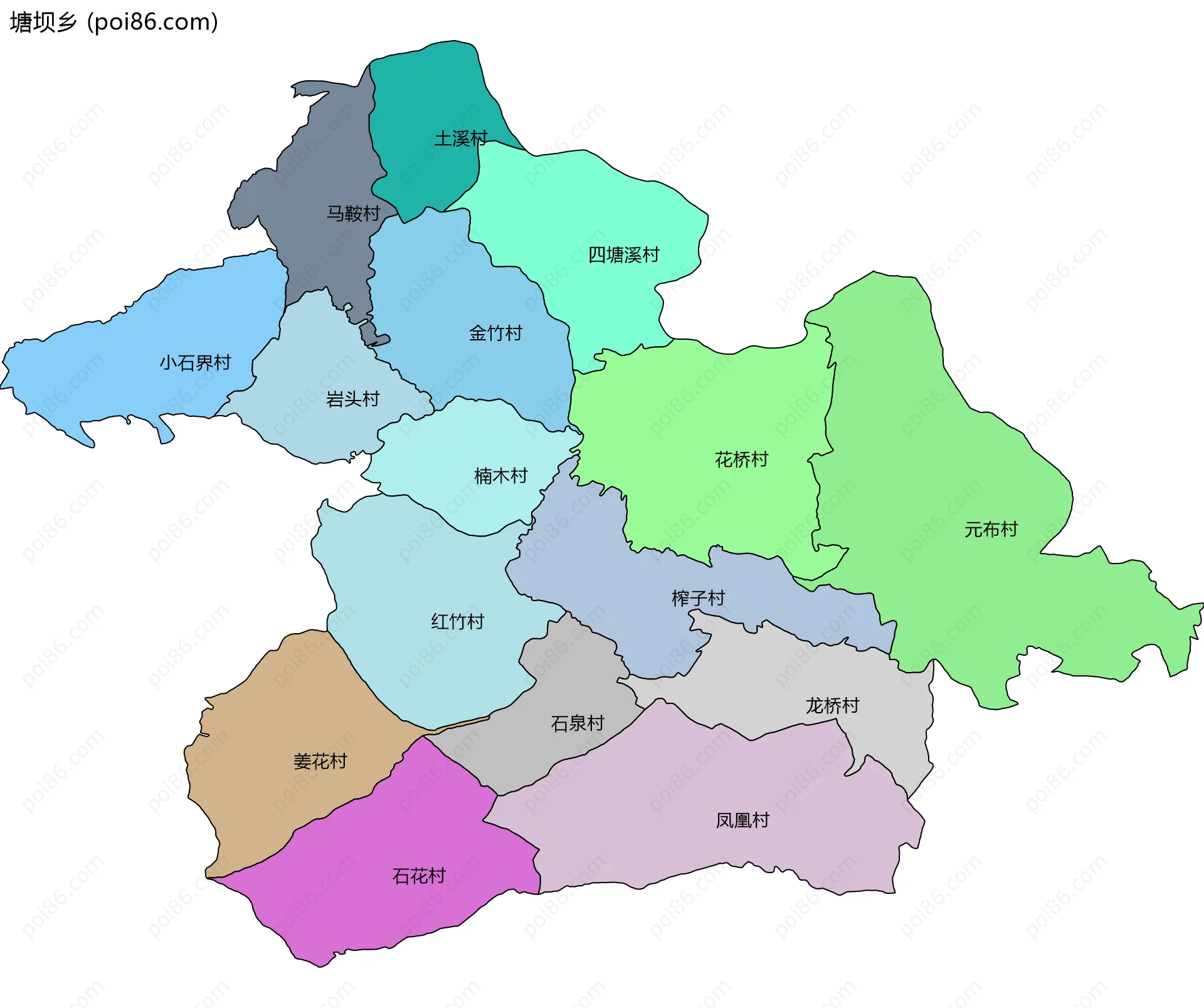 塘坝乡边界地图(五级行政区划)