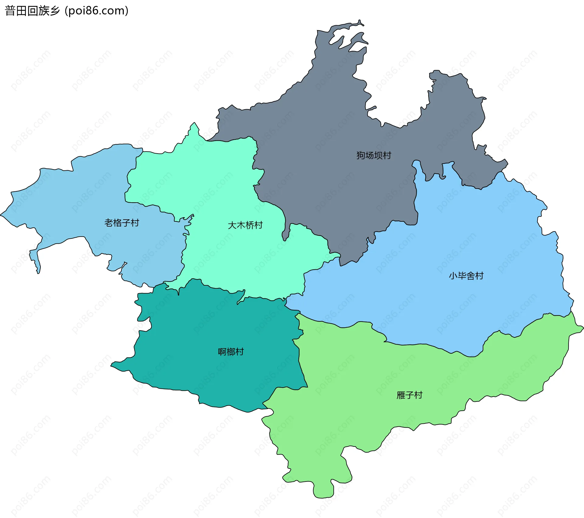 普田回族乡边界地图(五级行政区划)